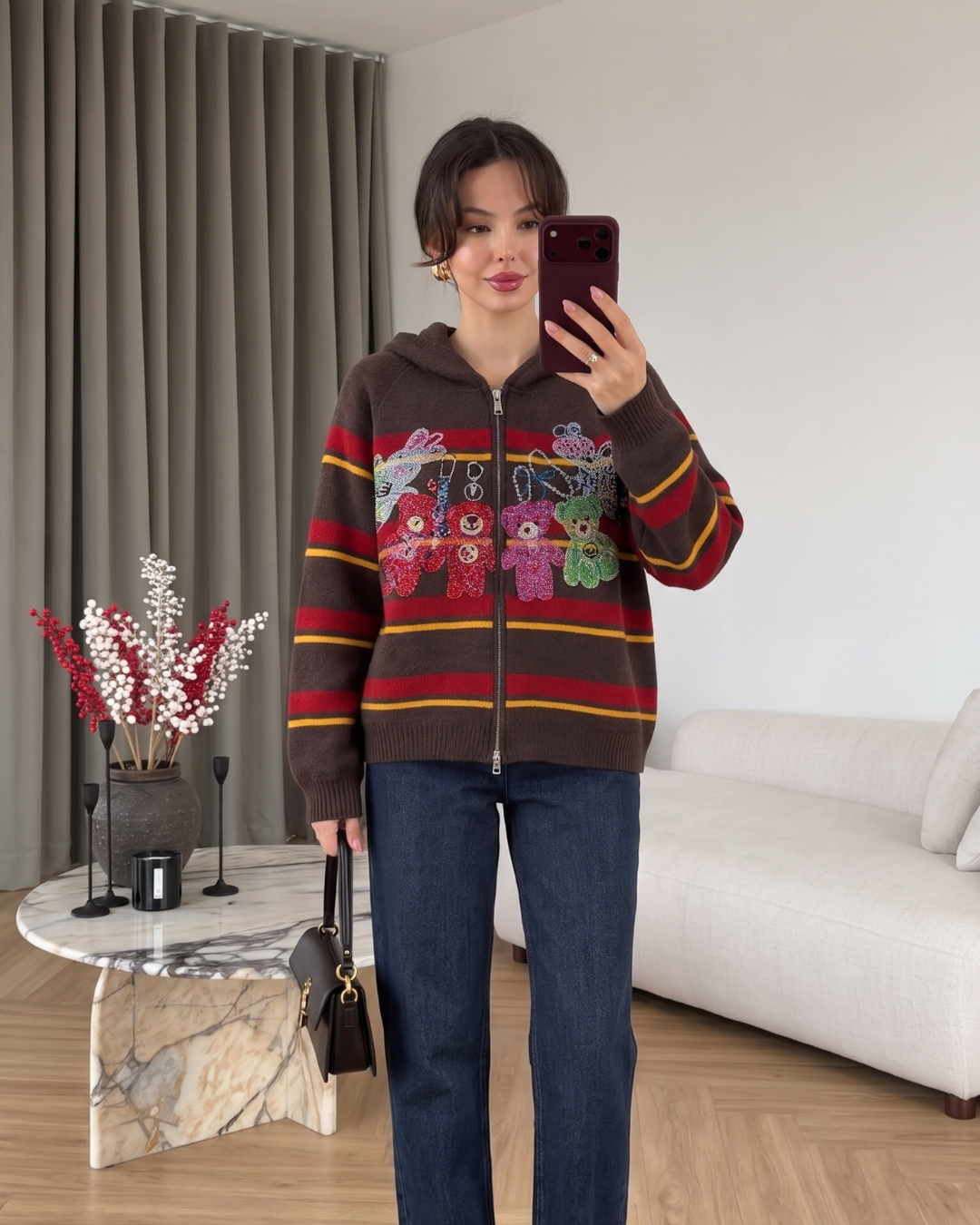 Playful Teddy Embellished Knit Hoodie