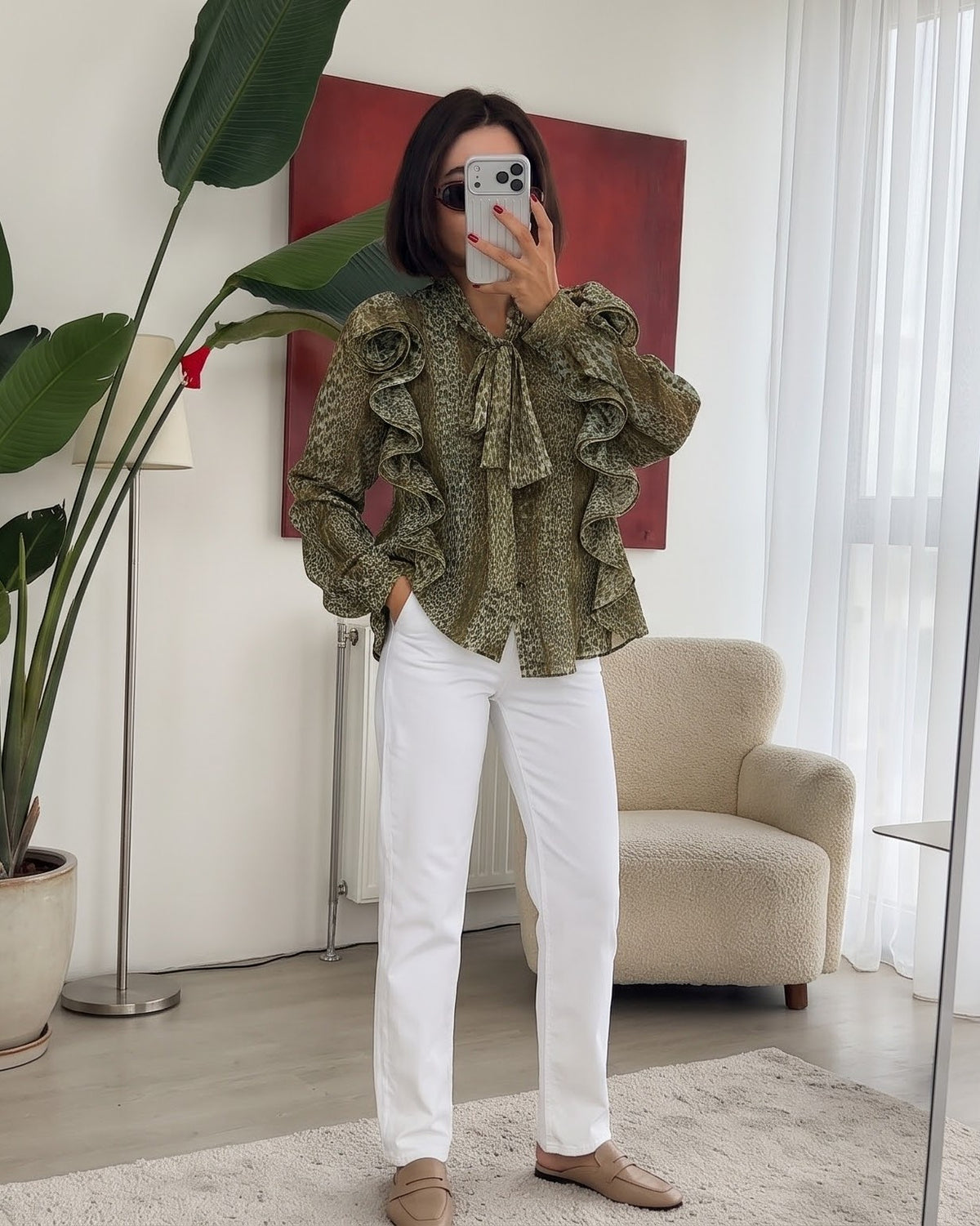 Olive Wild Ruffle Bow Blouse
