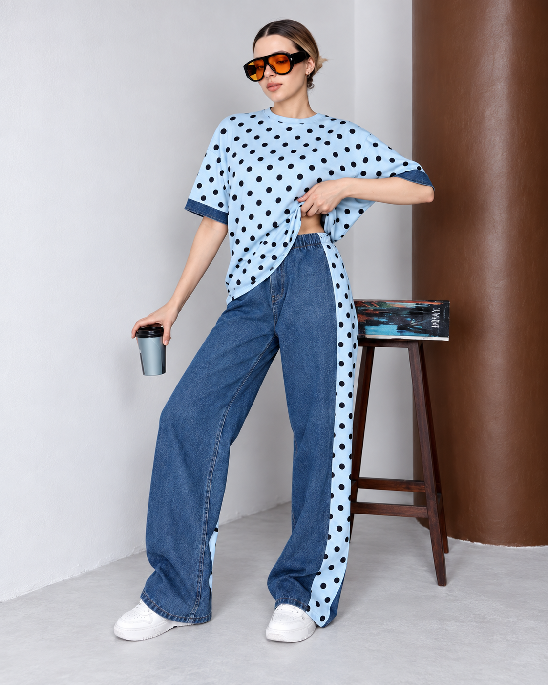 Polka Dot Top & Contrast Denim Pants Set