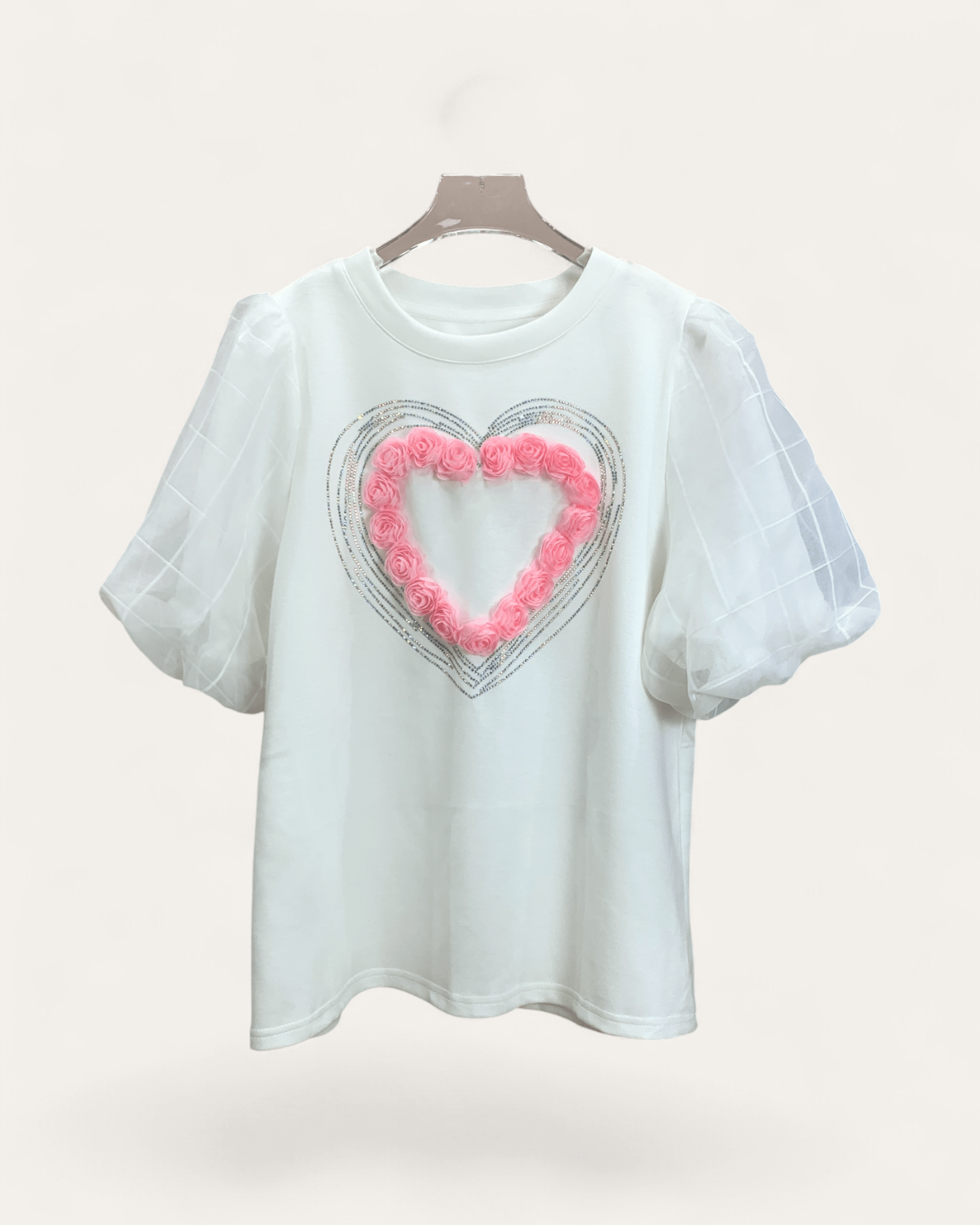 3D Rose Heart Puff Sleeve Short Sleeve Tee - Zilvina