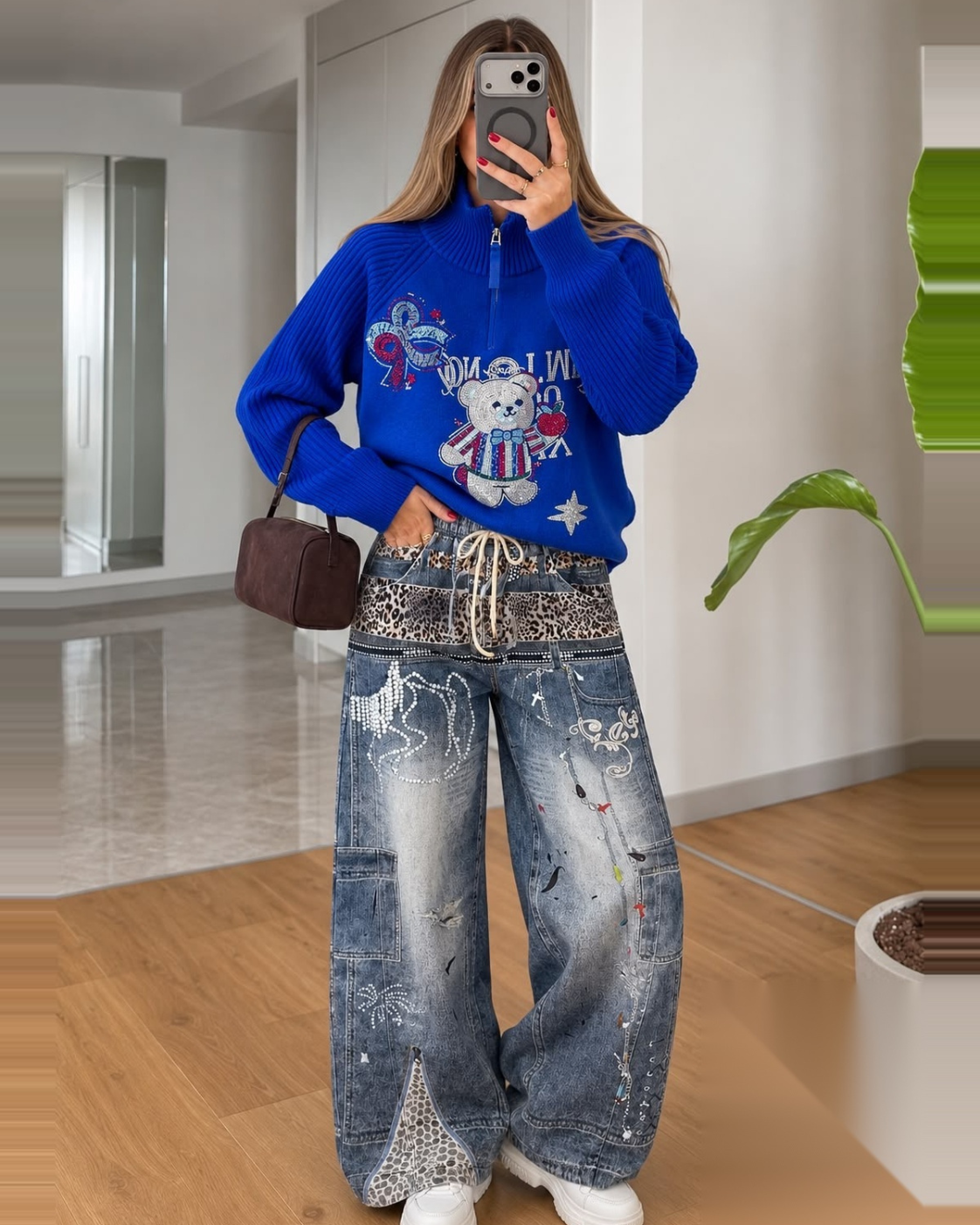 Patchwork Drawstring Wide-Leg Jeans