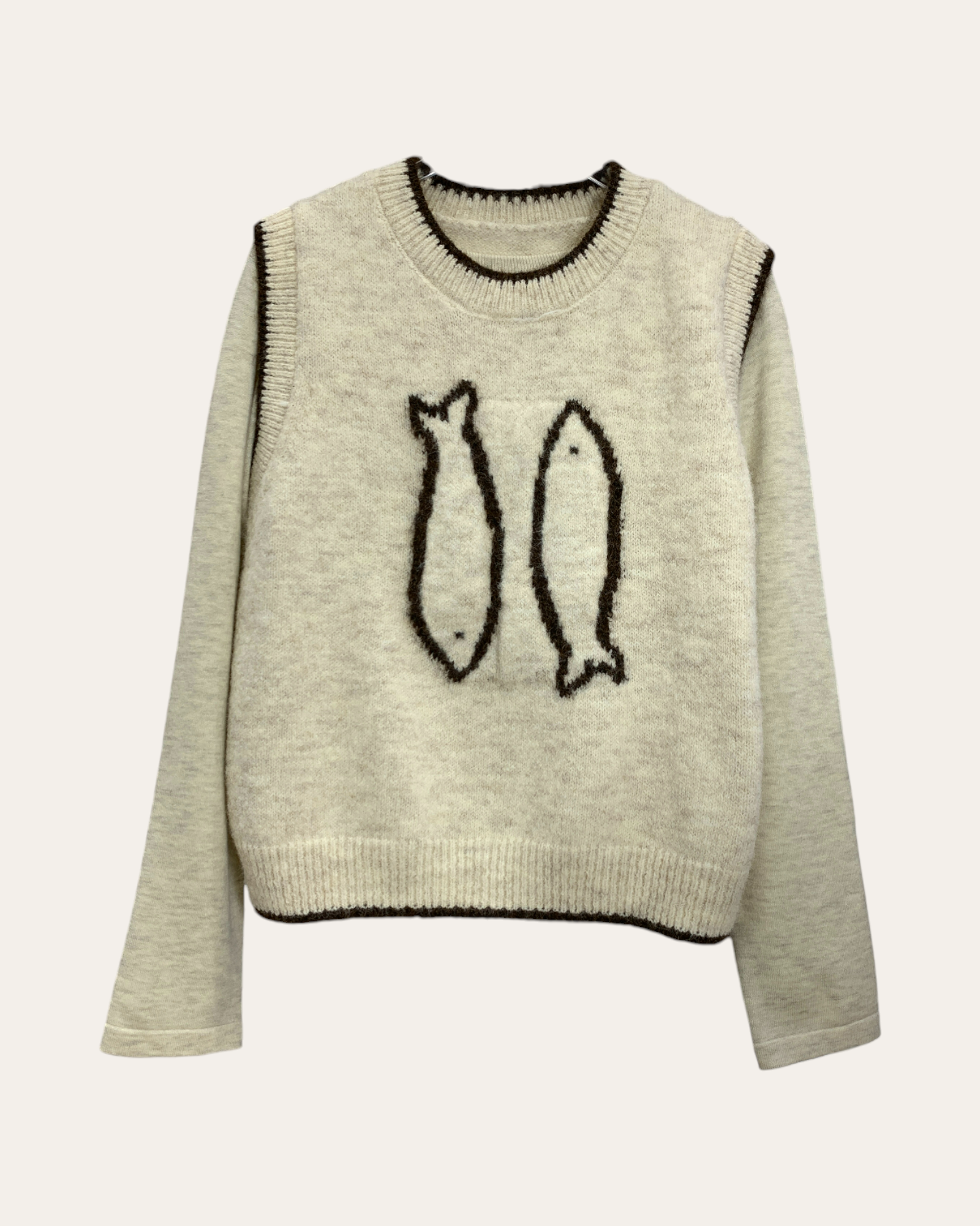 Red Fuzzy Knit Vest with Fish Motif