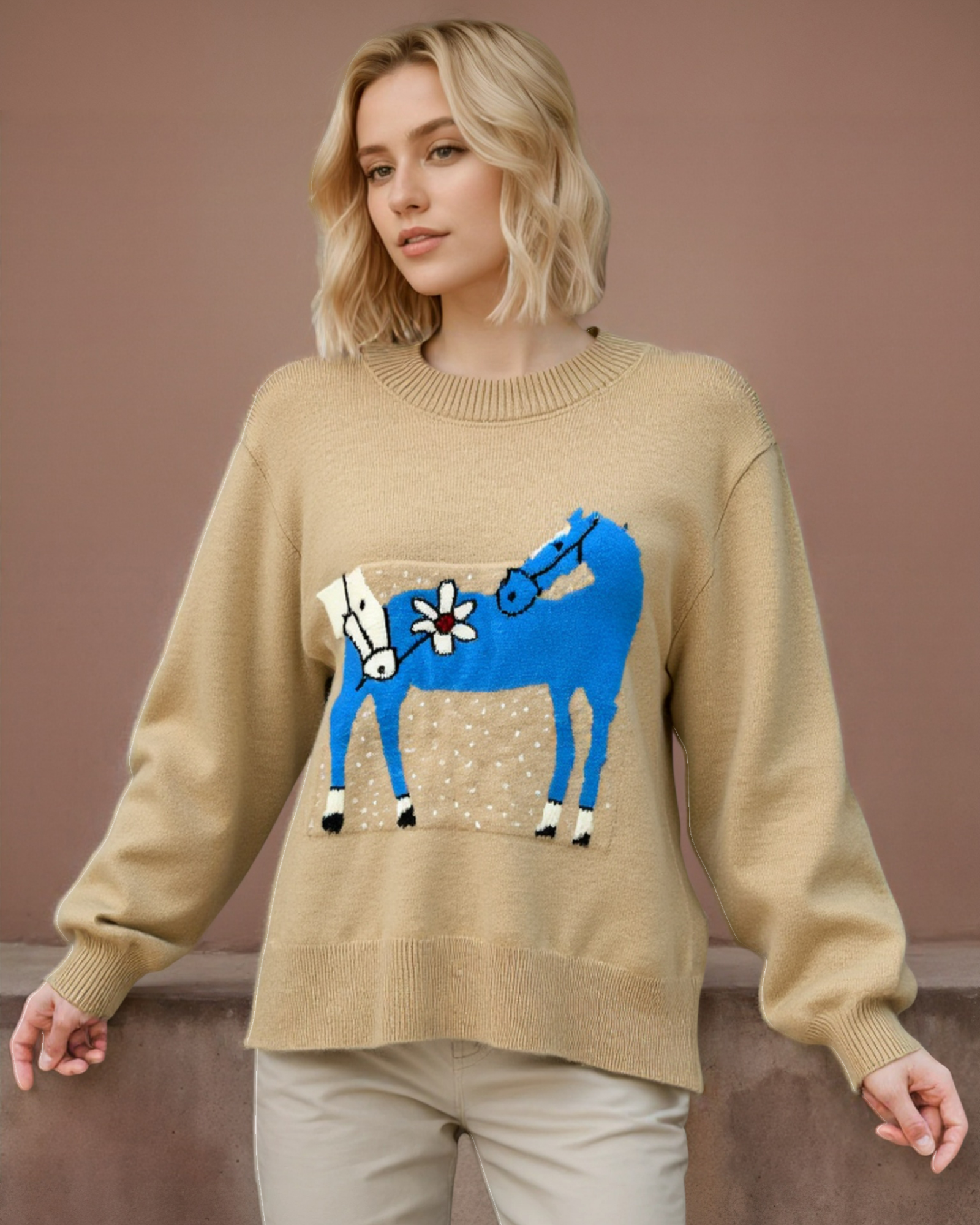 Beige Knit Sweater with Blue Horse Motif