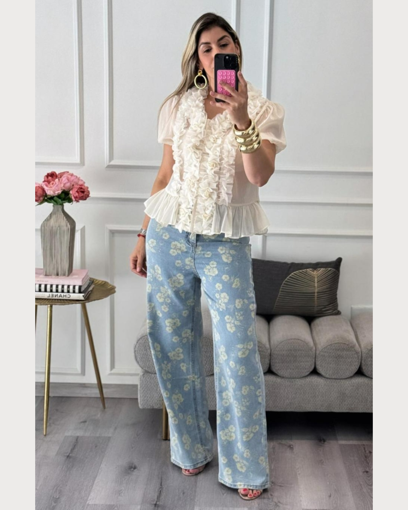 Chic Floral Print Wide Leg Jeans