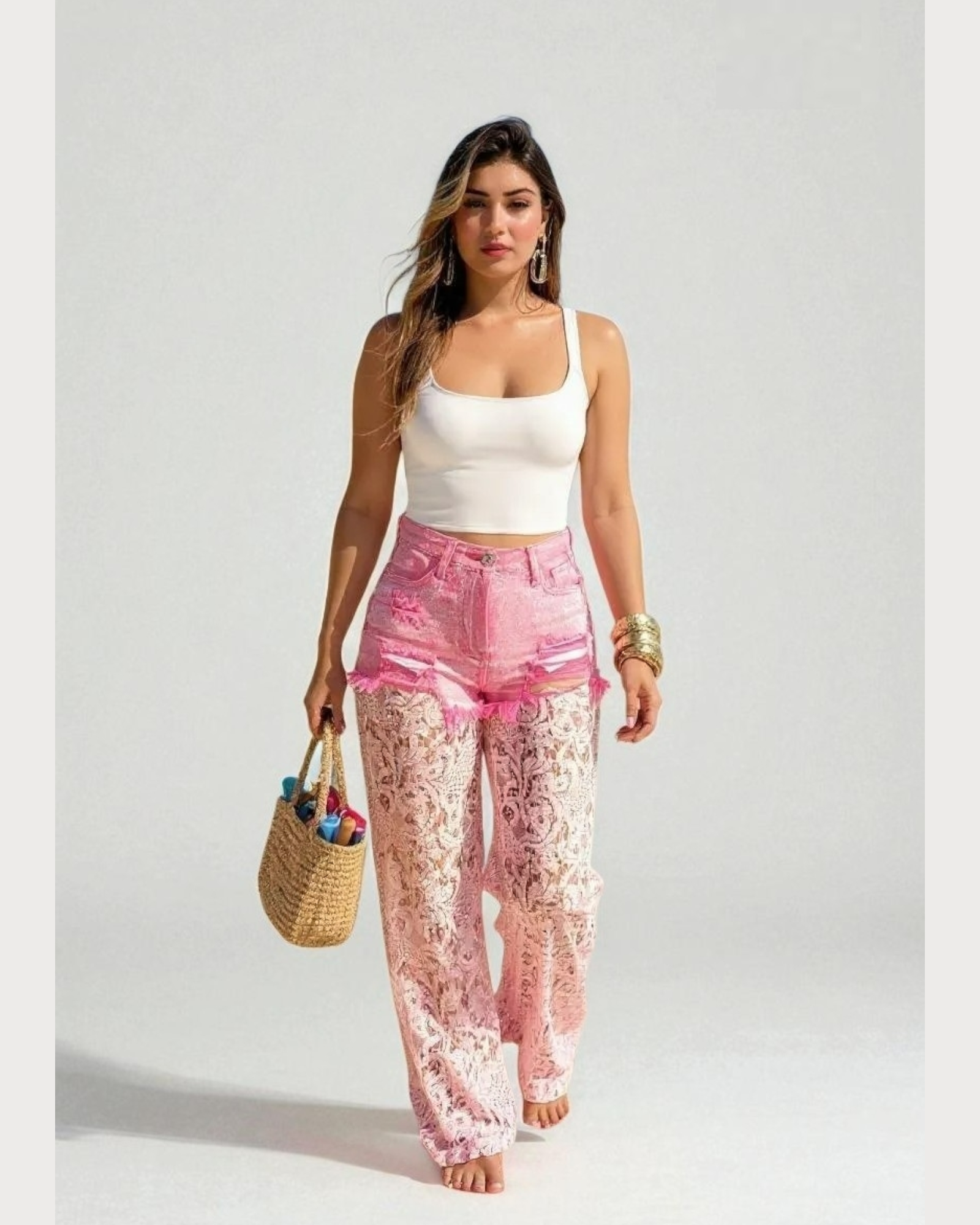 Chic Lace Overlay Denim Pants