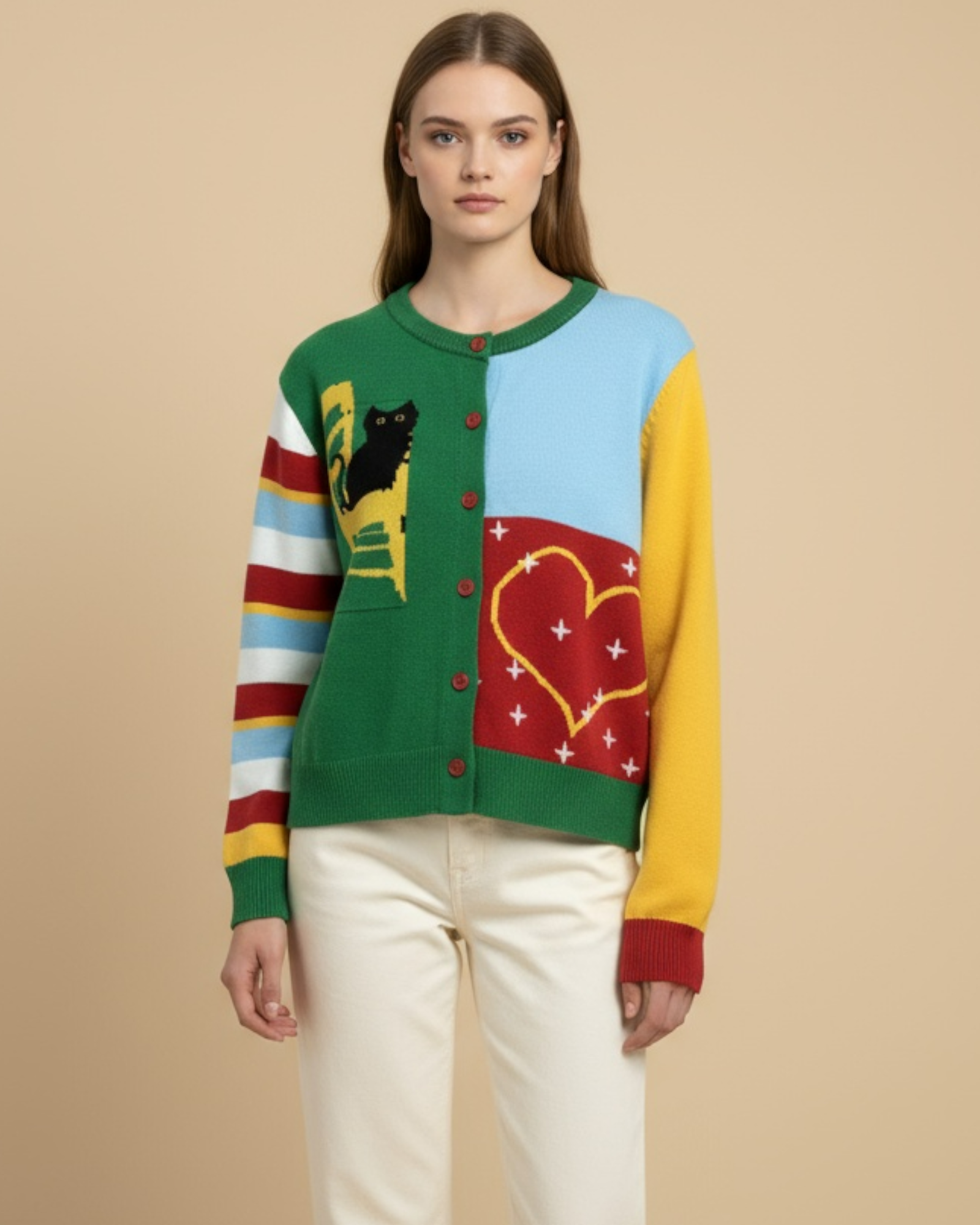 Colorblock Cat Chair Graphic Knit Cardigan