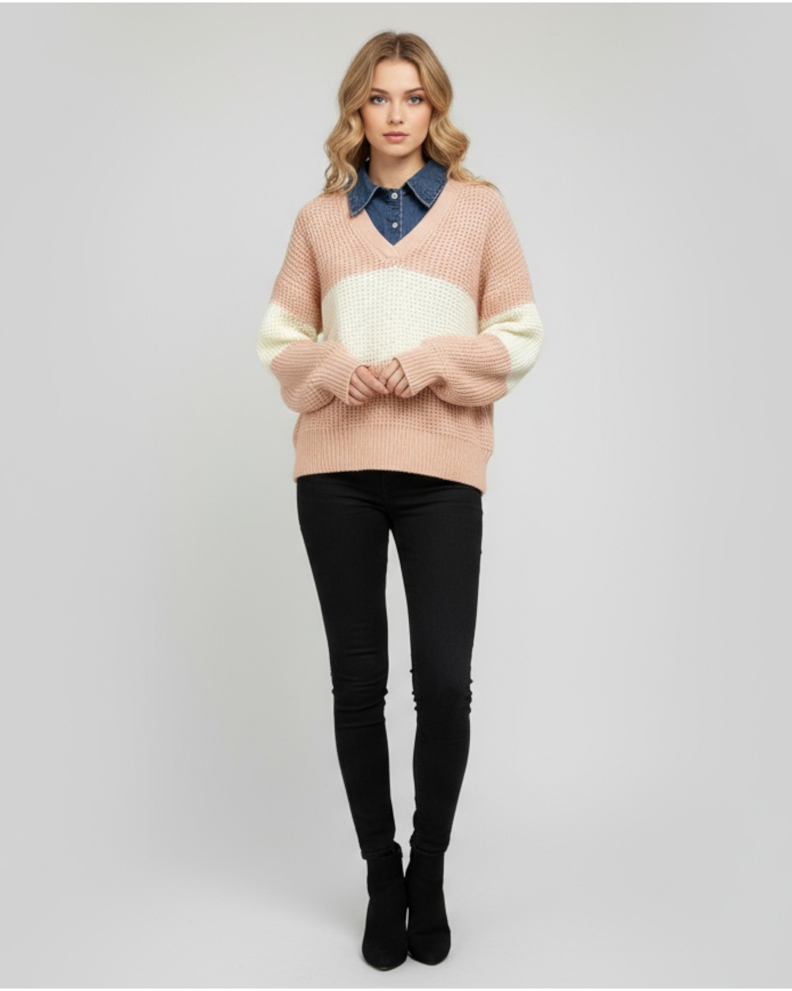 Colorblock Textured V-Neck Sweater