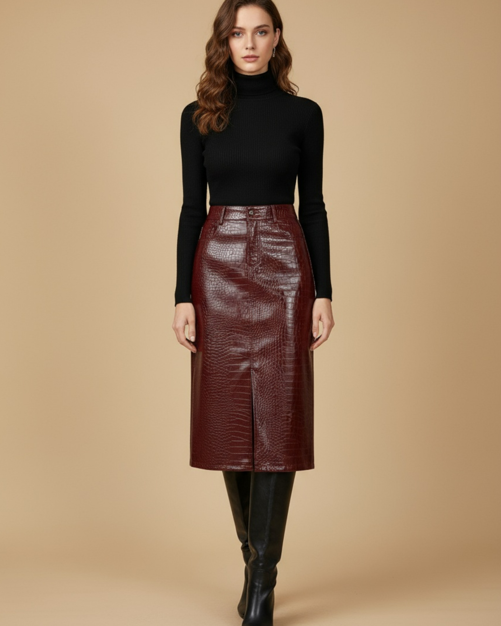 Croc-Embossed Midi Skirt