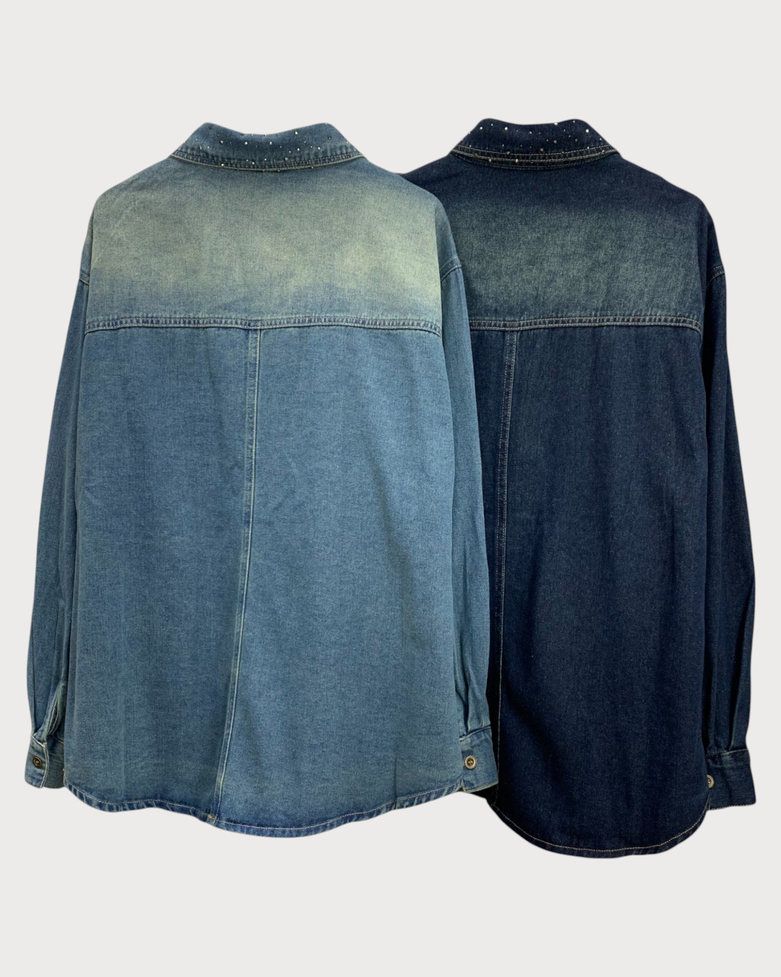 Denim Button-Up Shirt with Rhinestone Detailing