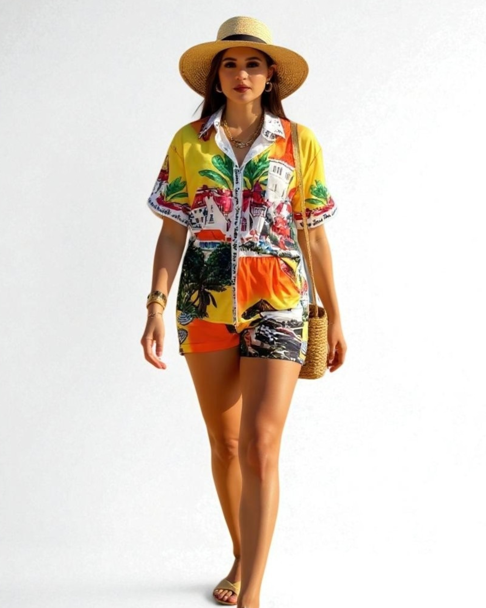 Tropical Sunset Print Shirt & Shorts Set