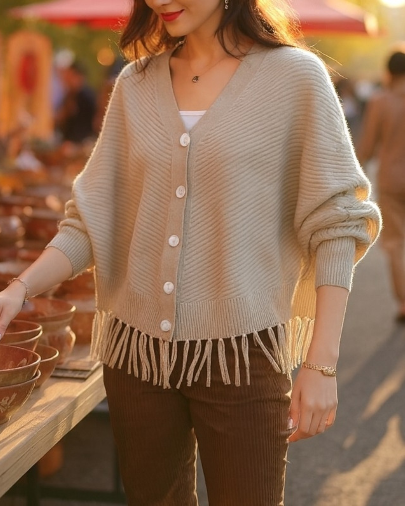 Buttoned Fringe Hem Knit Cardigan