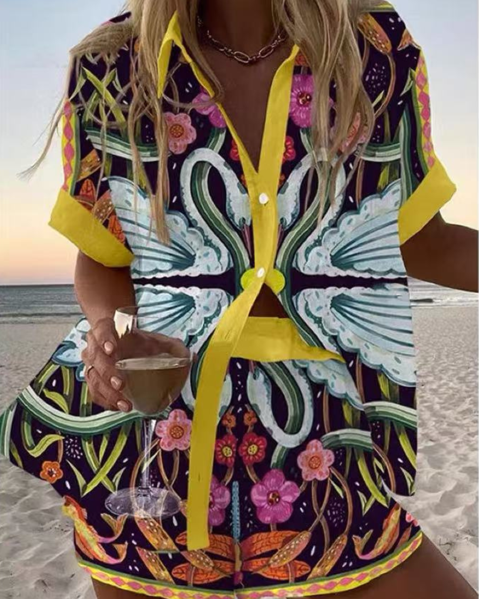 Tropical Print Button-Up Shirt and Shorts Set with Yellow Trim