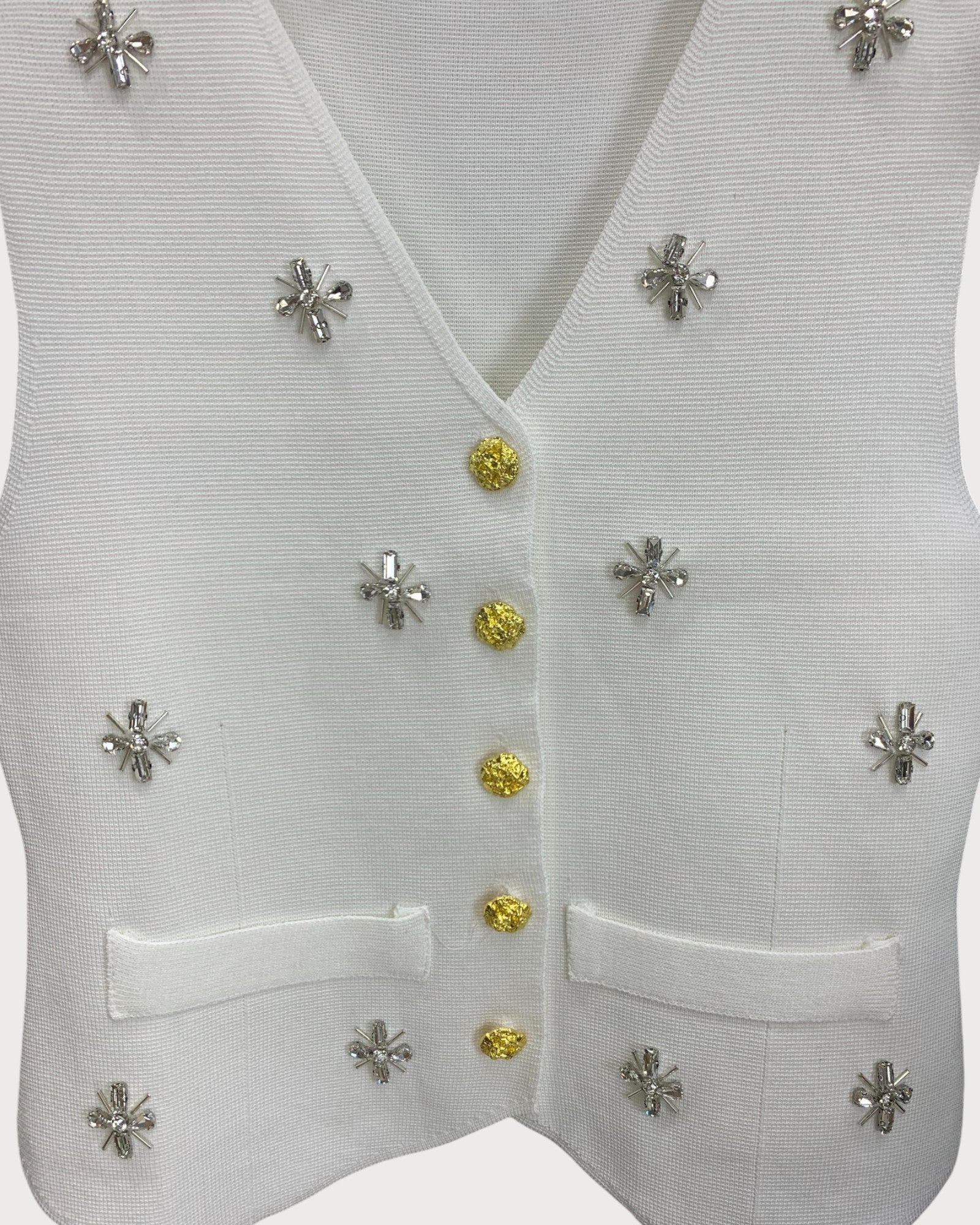 Embellished Knit Vest with Gold Button Detail