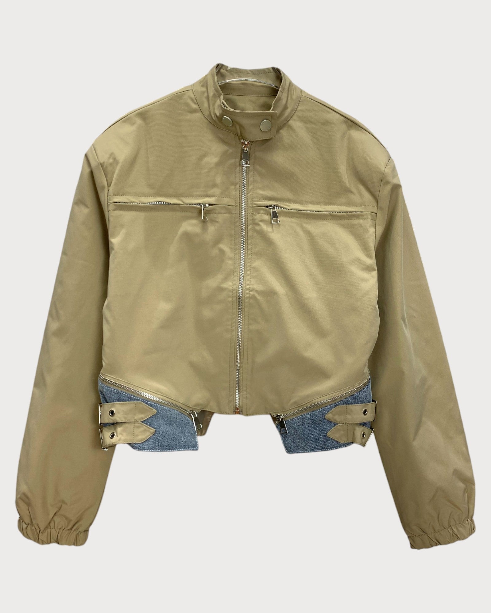 Faux Leather Cropped Jacket with Denim Contrast Trim