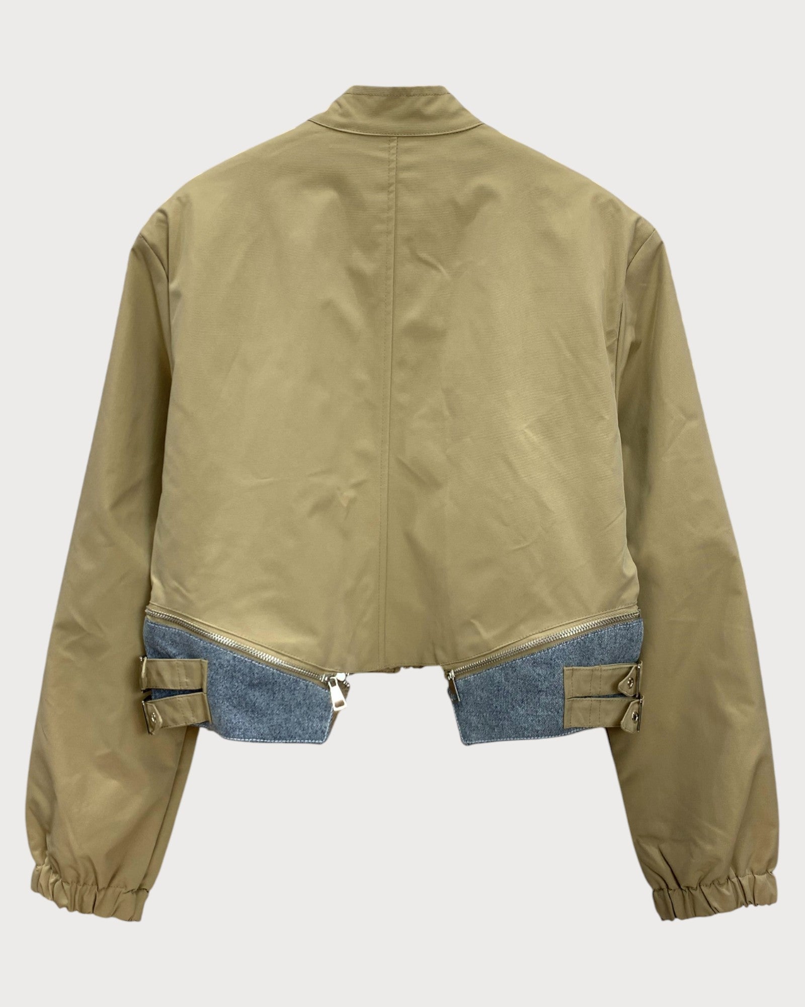 Faux Leather Cropped Jacket with Denim Contrast Trim