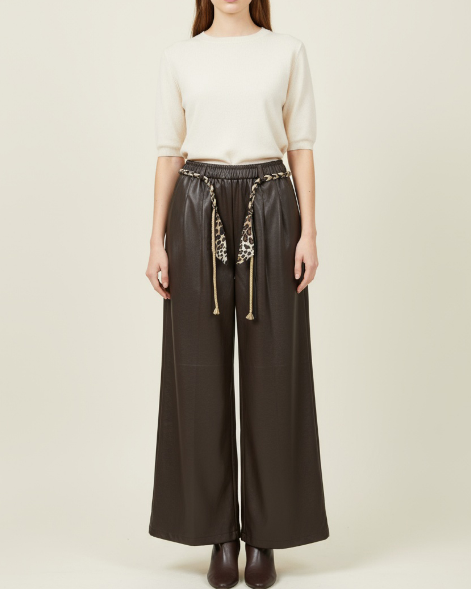 Faux Leather Wide-Leg Pants with Braided Belt