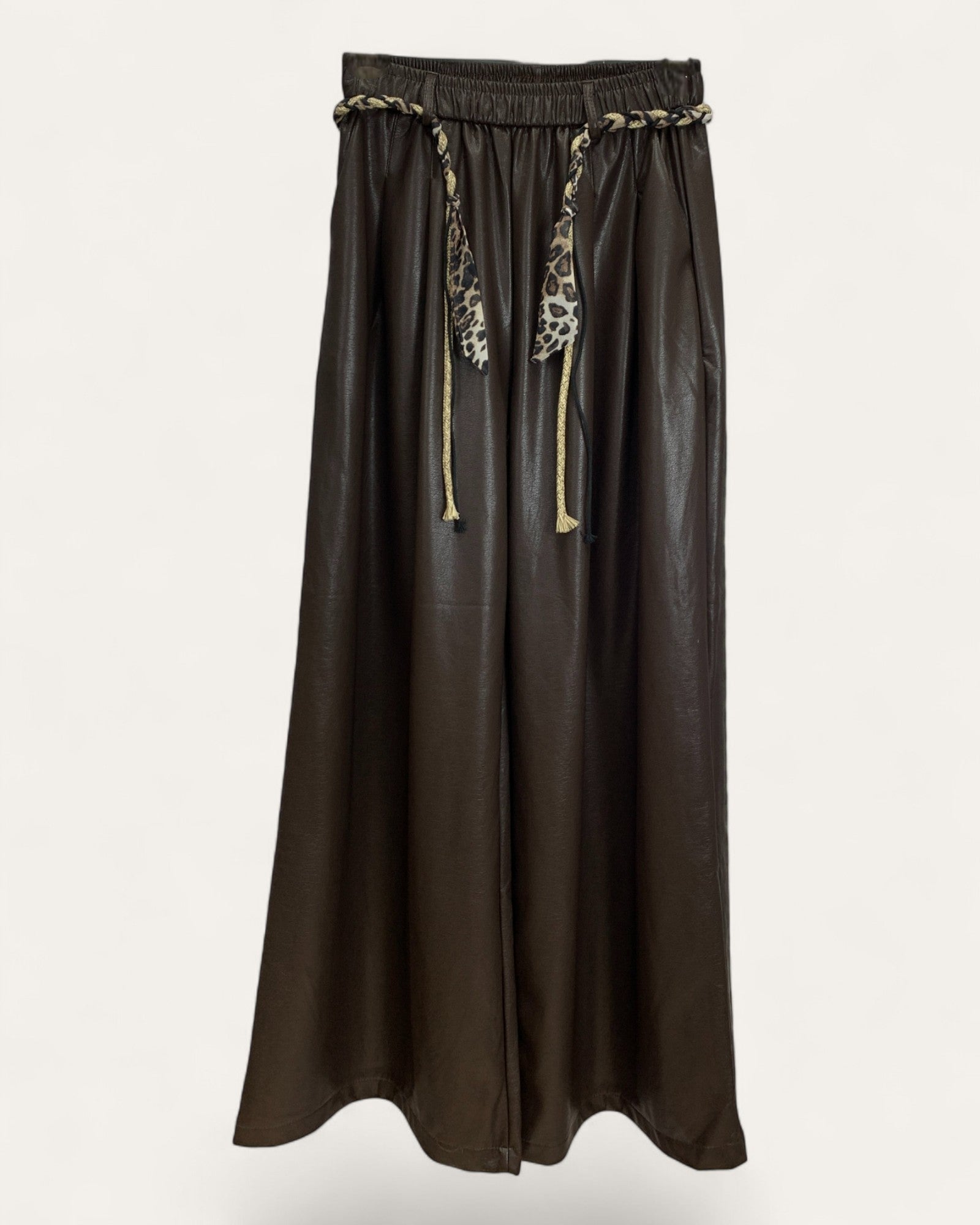 Faux Leather Wide-Leg Pants with Braided Belt