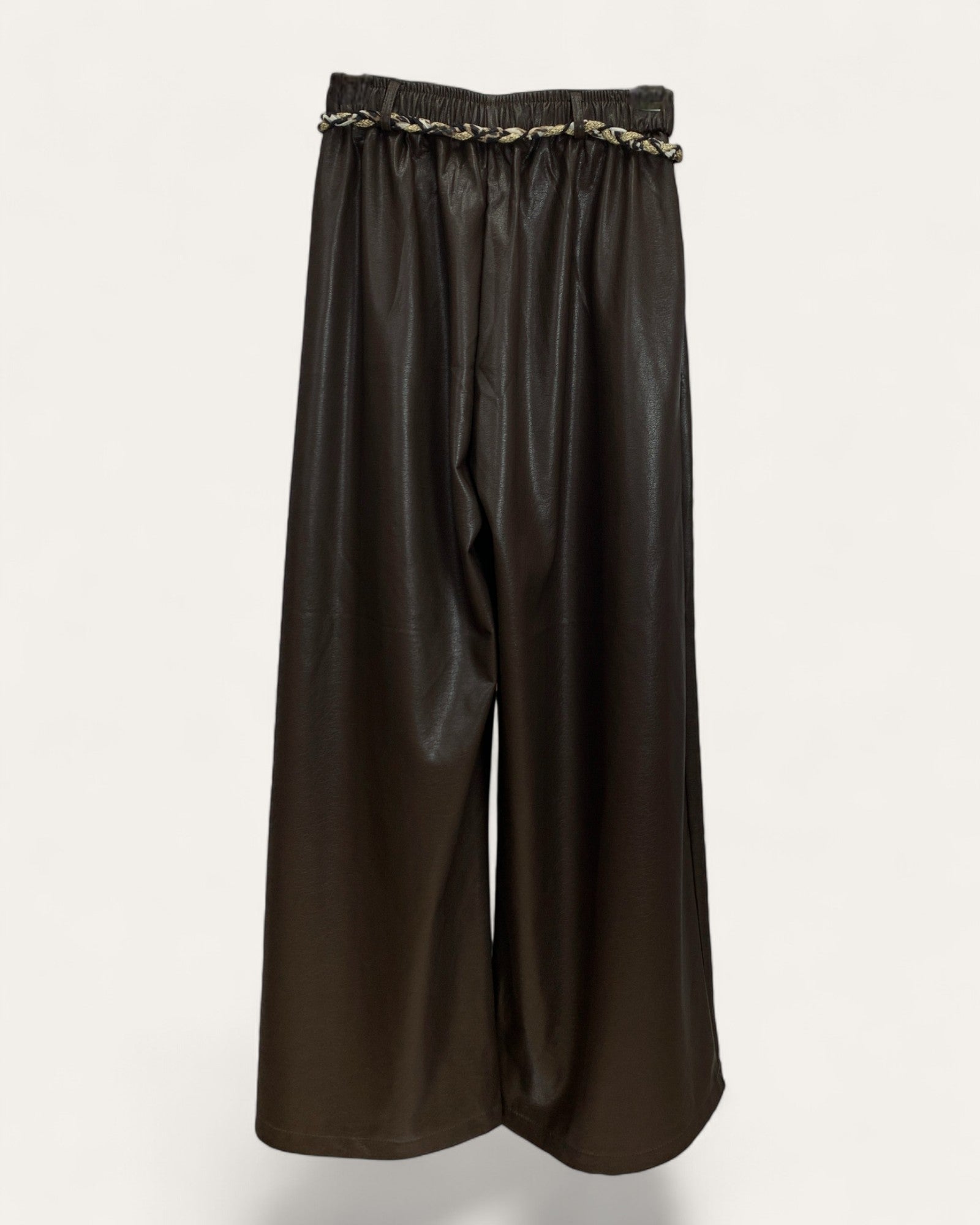 Faux Leather Wide-Leg Pants with Braided Belt