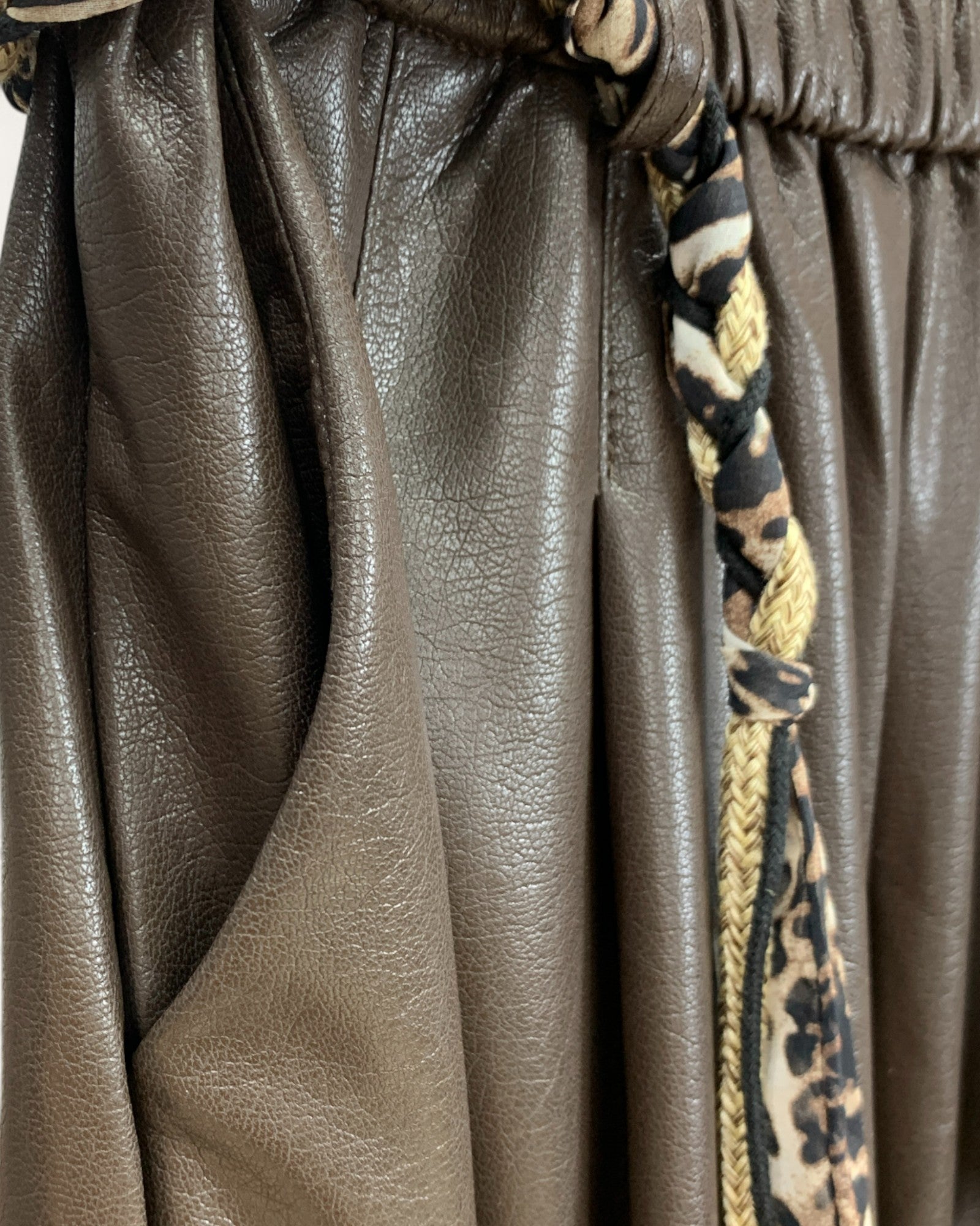 Faux Leather Wide-Leg Pants with Braided Belt