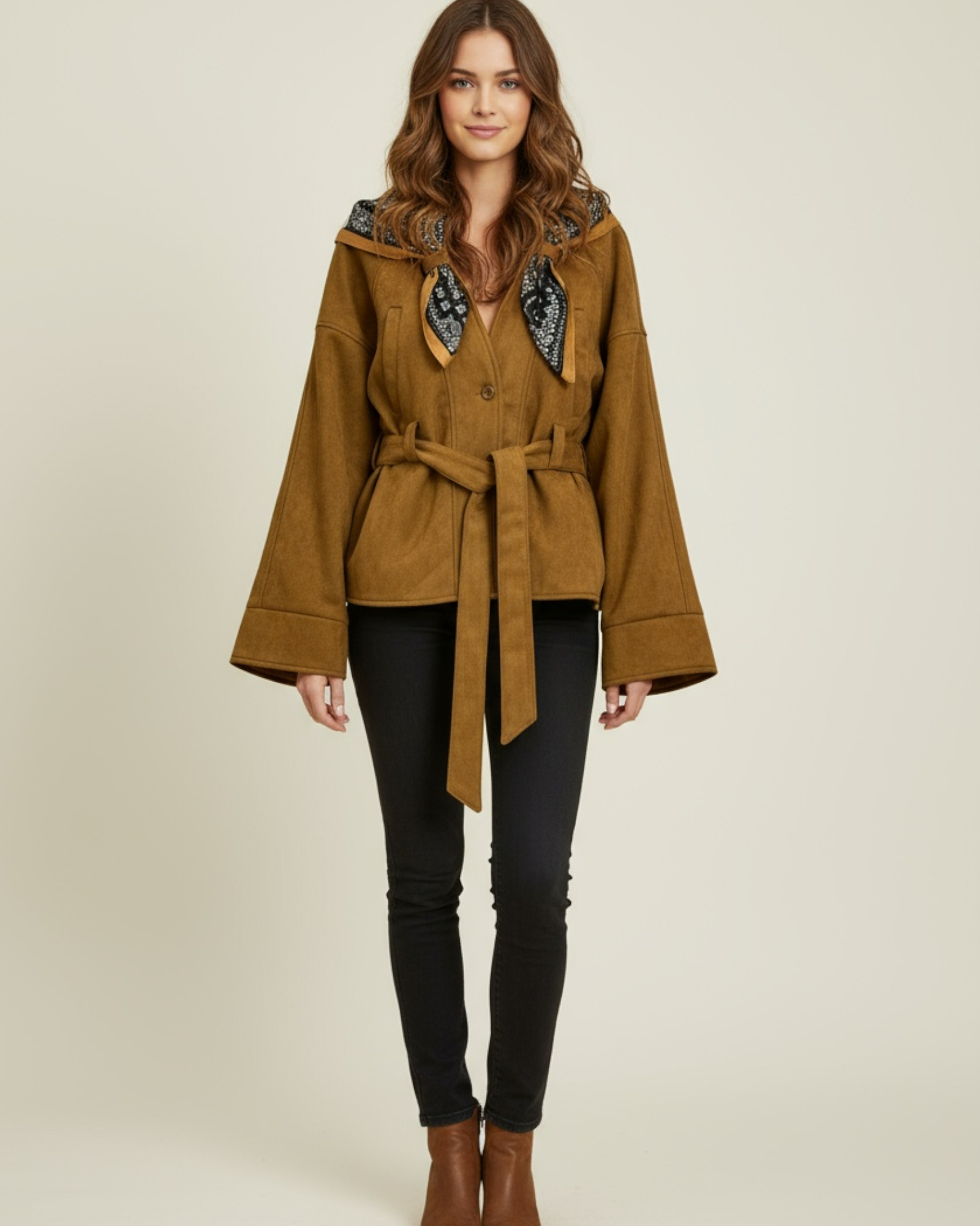 Faux Suede Belted Jacket with Scarf Hood