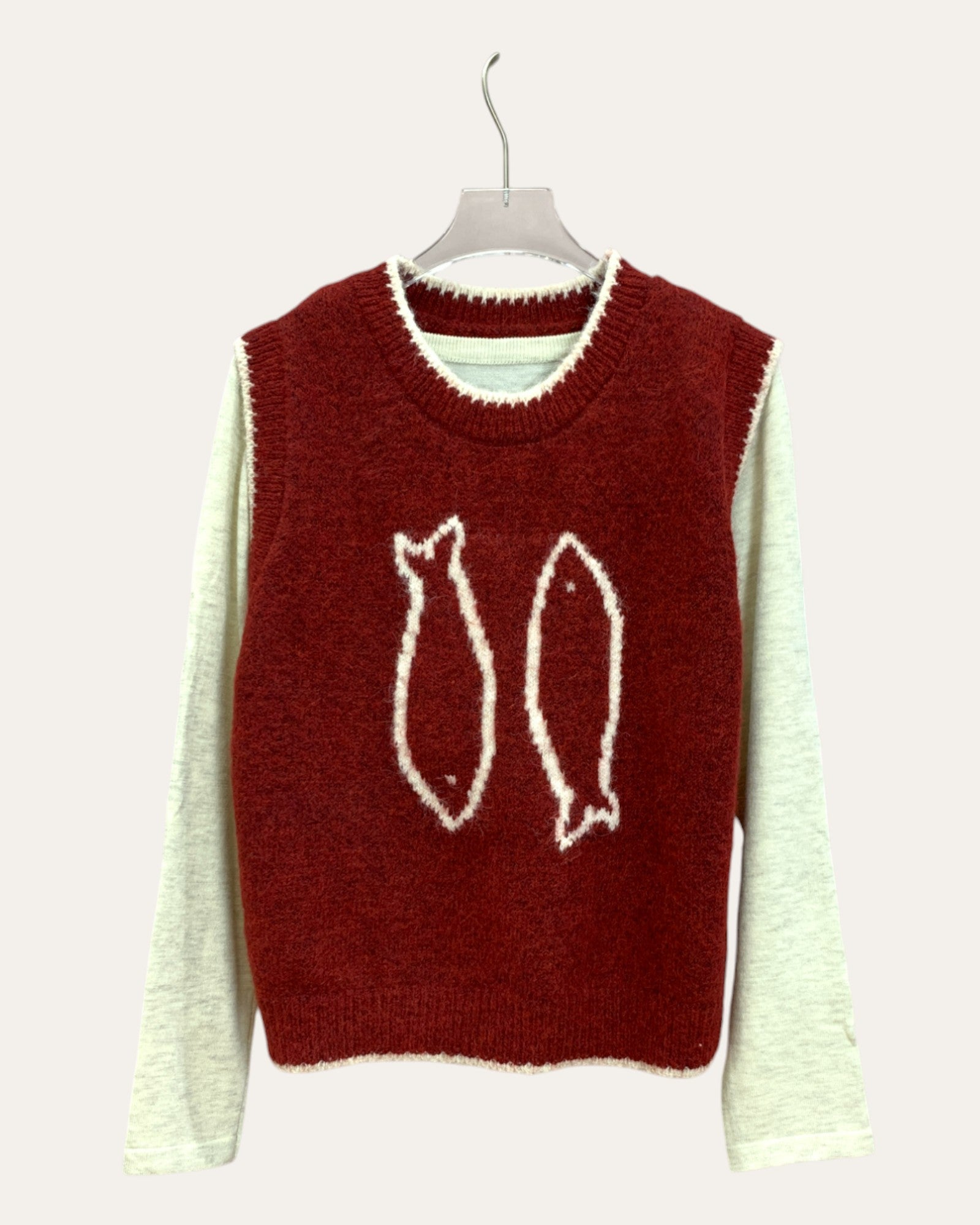 Red Fuzzy Knit Vest with Fish Motif