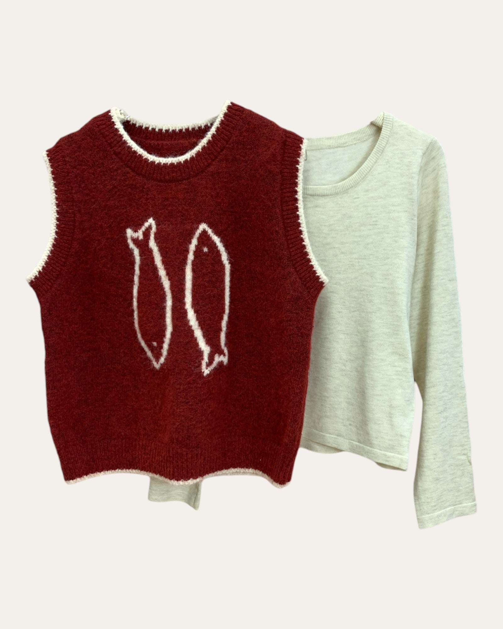 Red Fuzzy Knit Vest with Fish Motif
