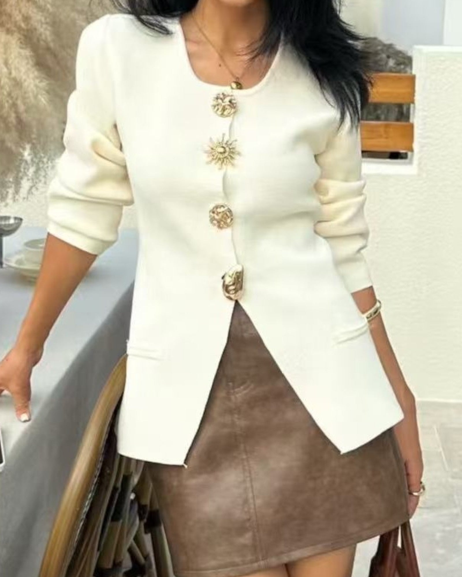 Gold Button Detail Slim Blazer Cardigan