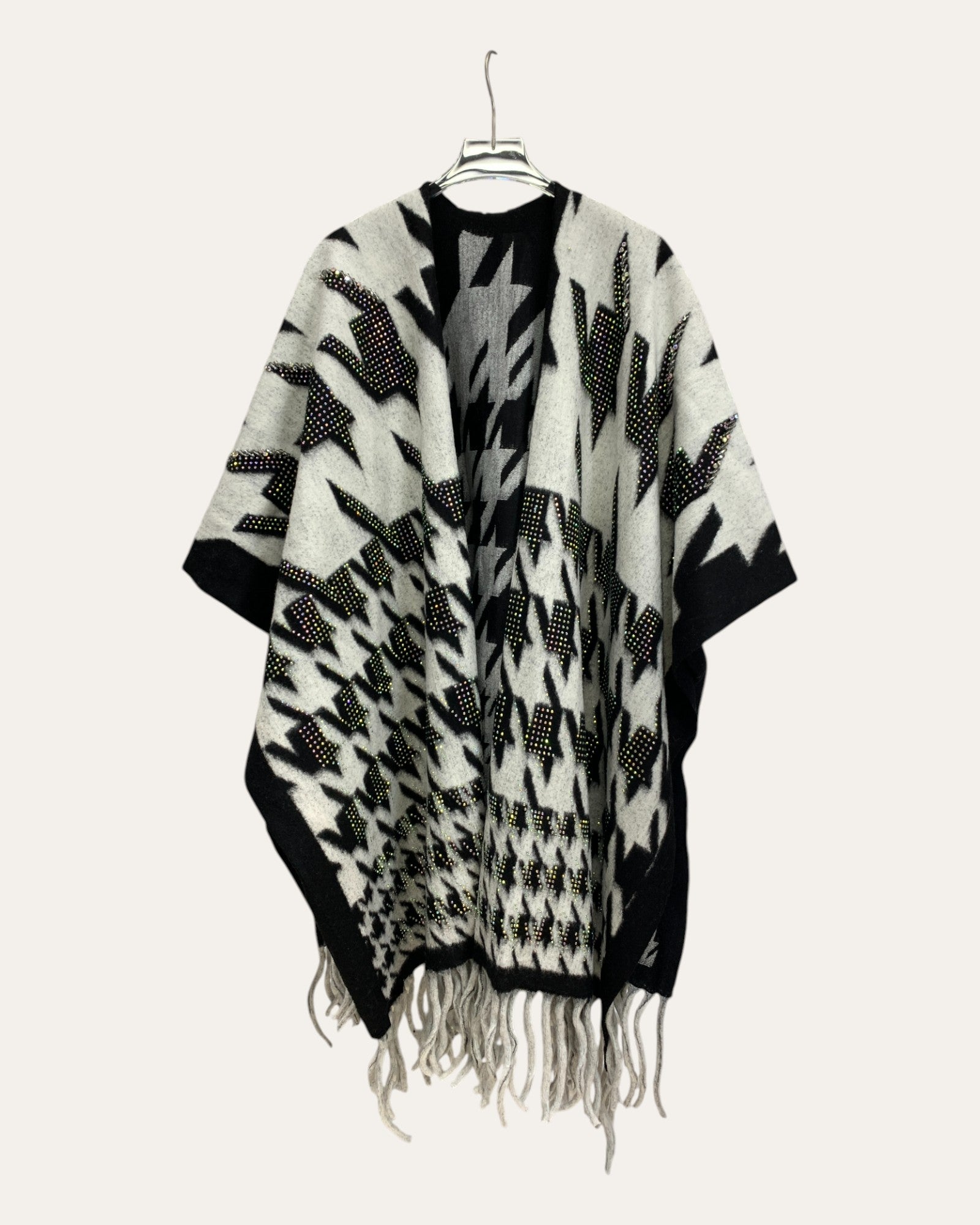 Houndstooth Rhinestone Fringe Poncho