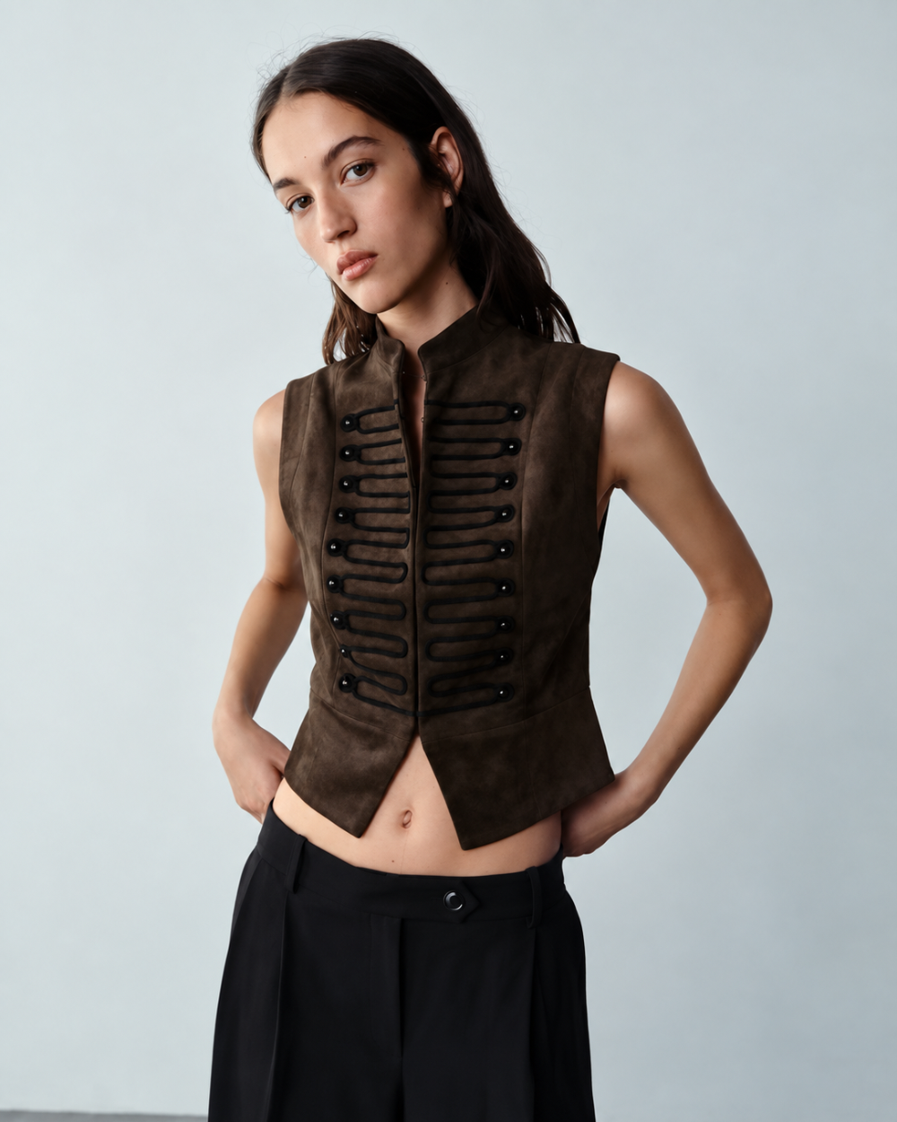Faux Suede Military Trim Vest