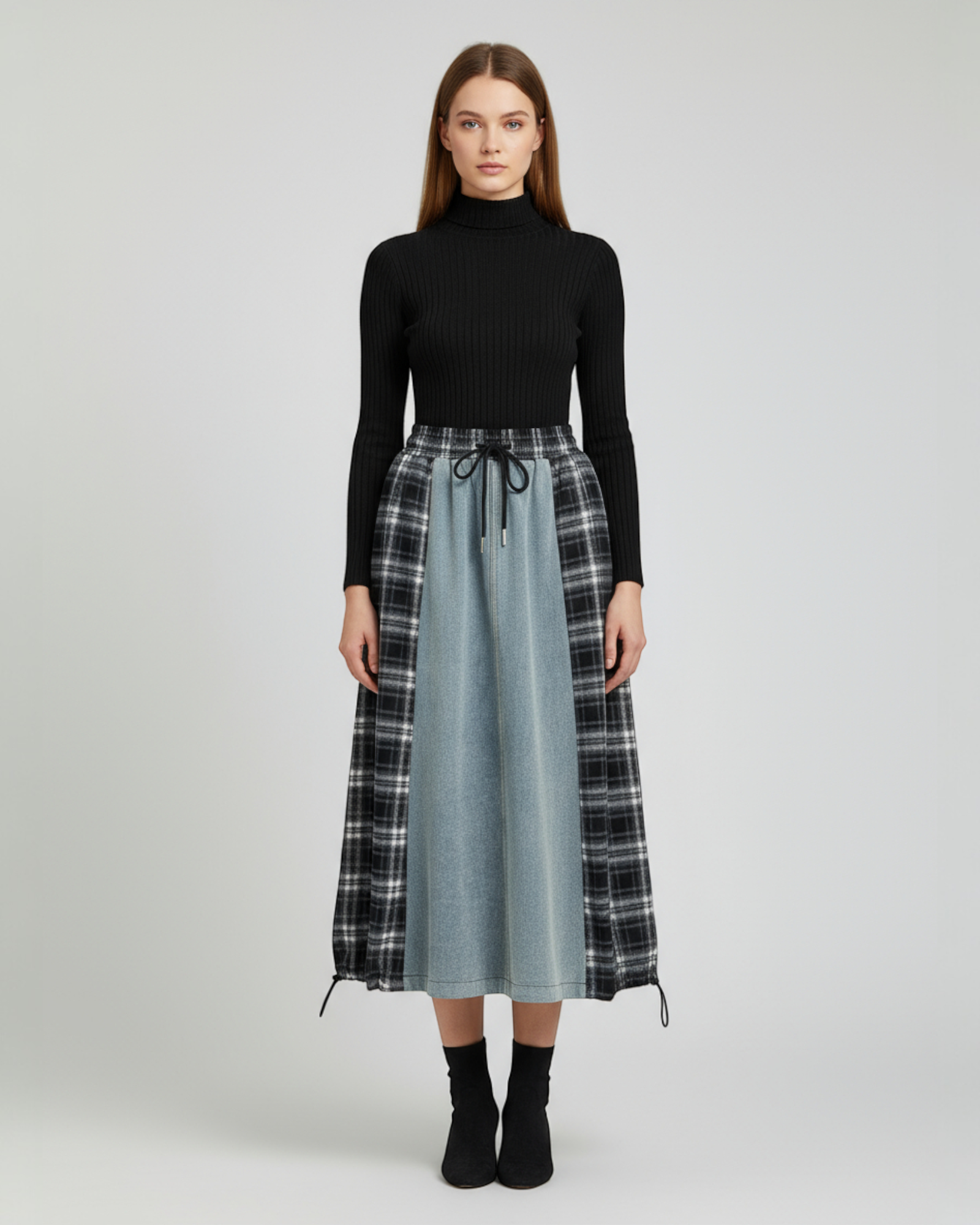 Denim & Plaid Panel Maxi Skirt