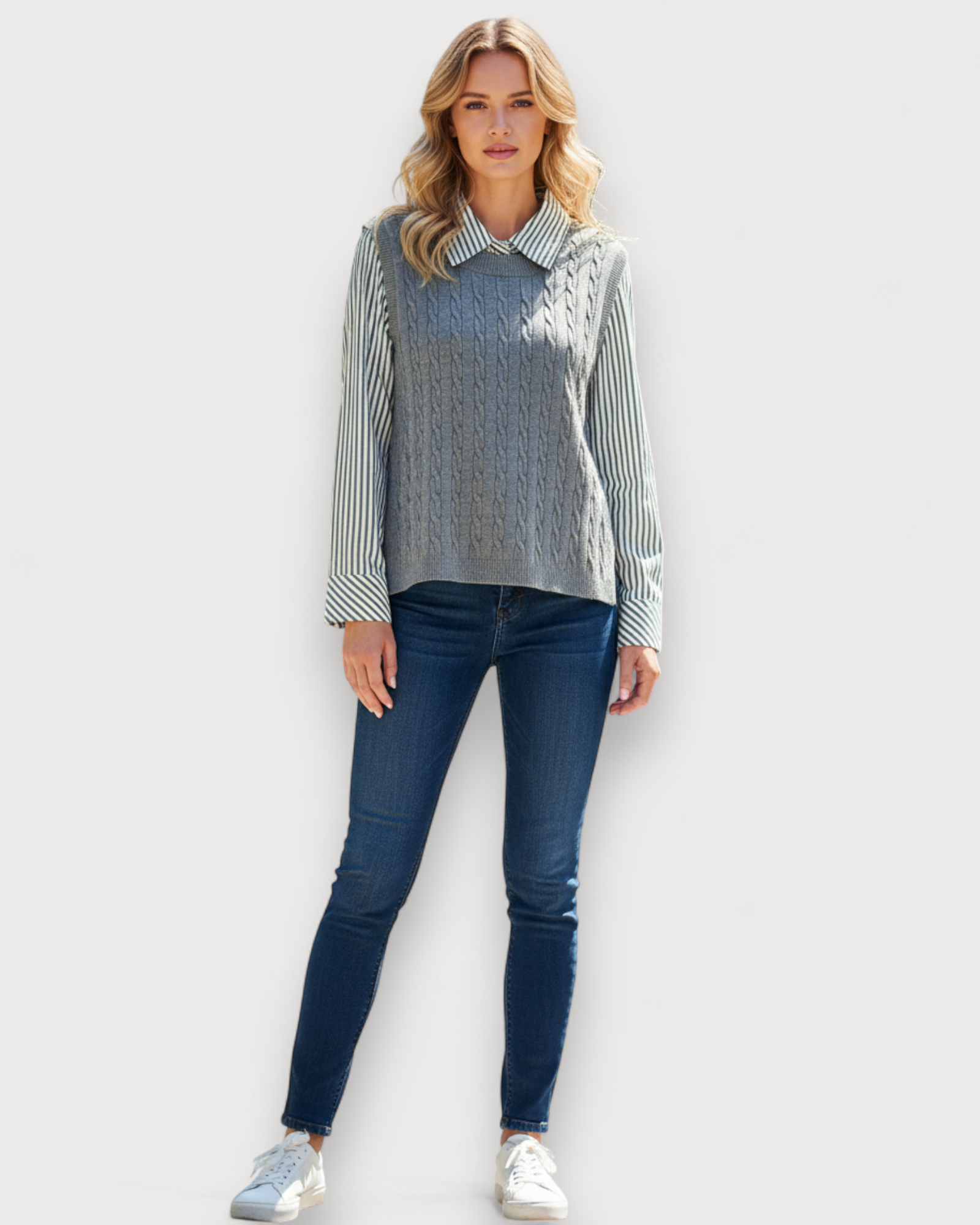 Layered Cable Knit Vest Shirt Set