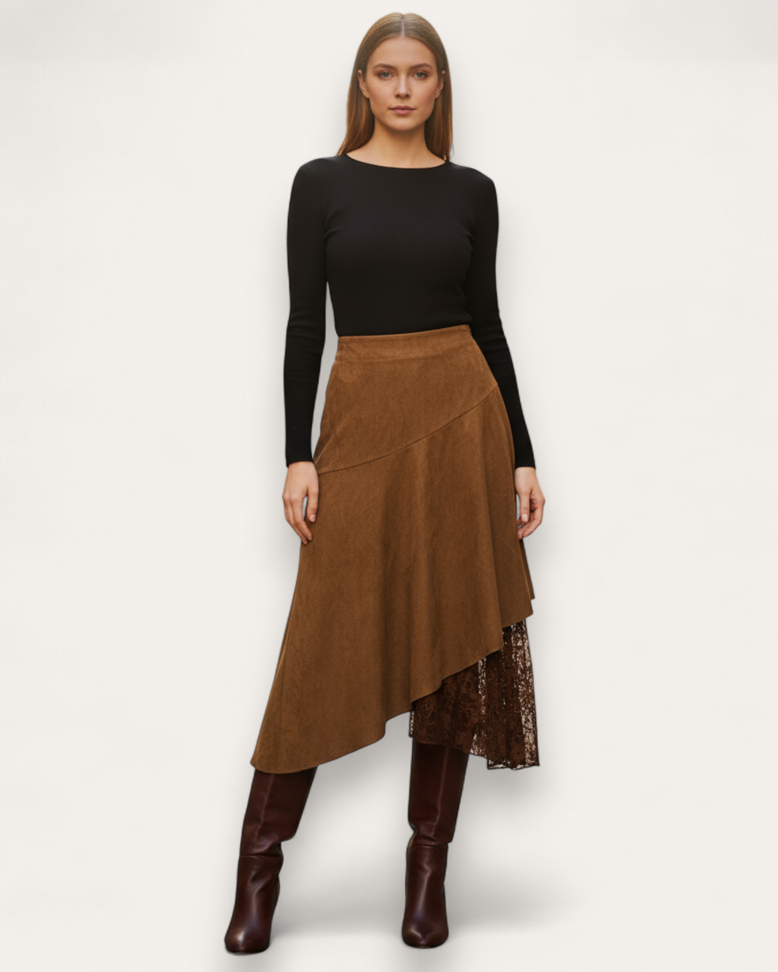 Faux Suede Lace Panel Skirt