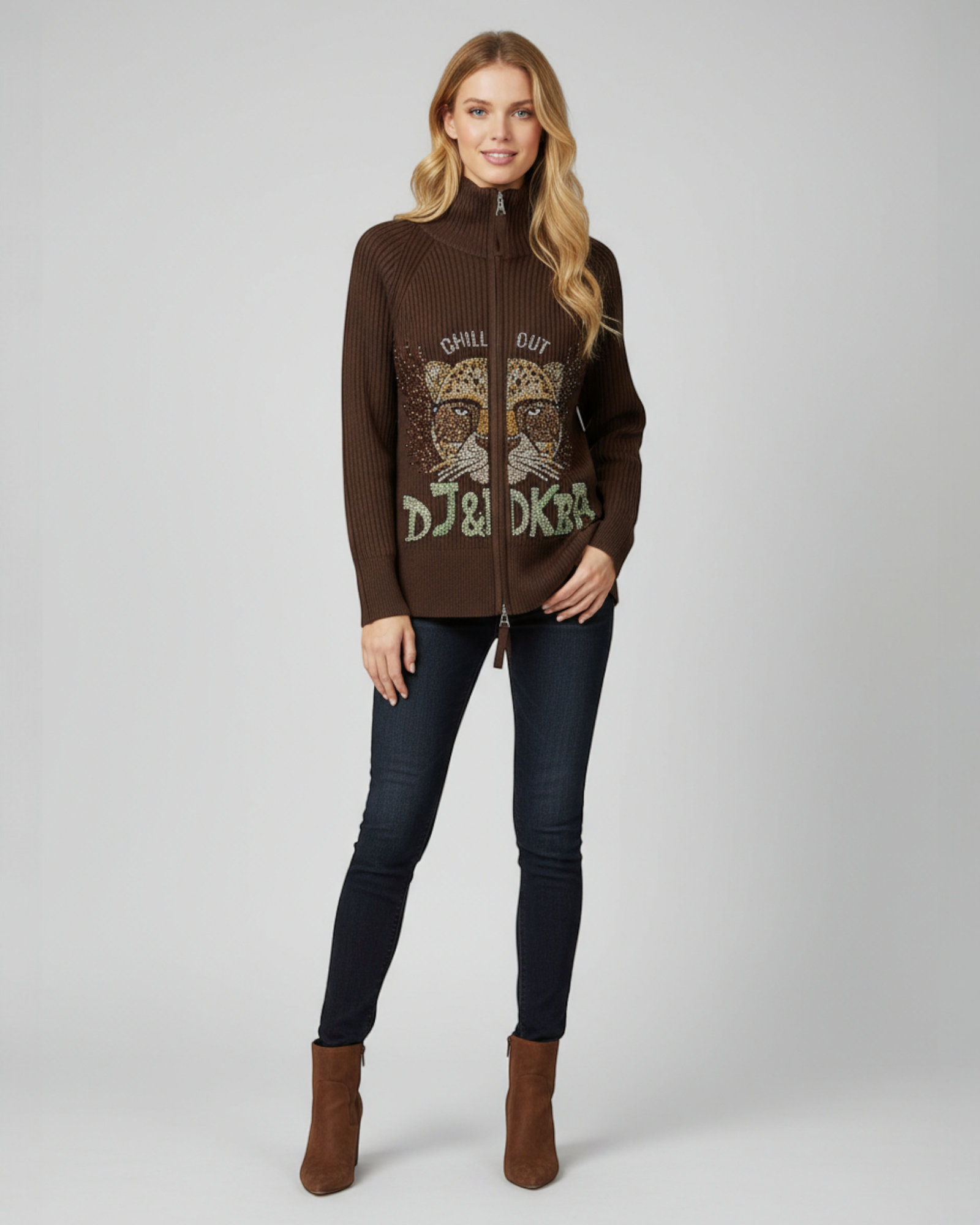 “Chill Out” Rhinestone Knit Zip-Up