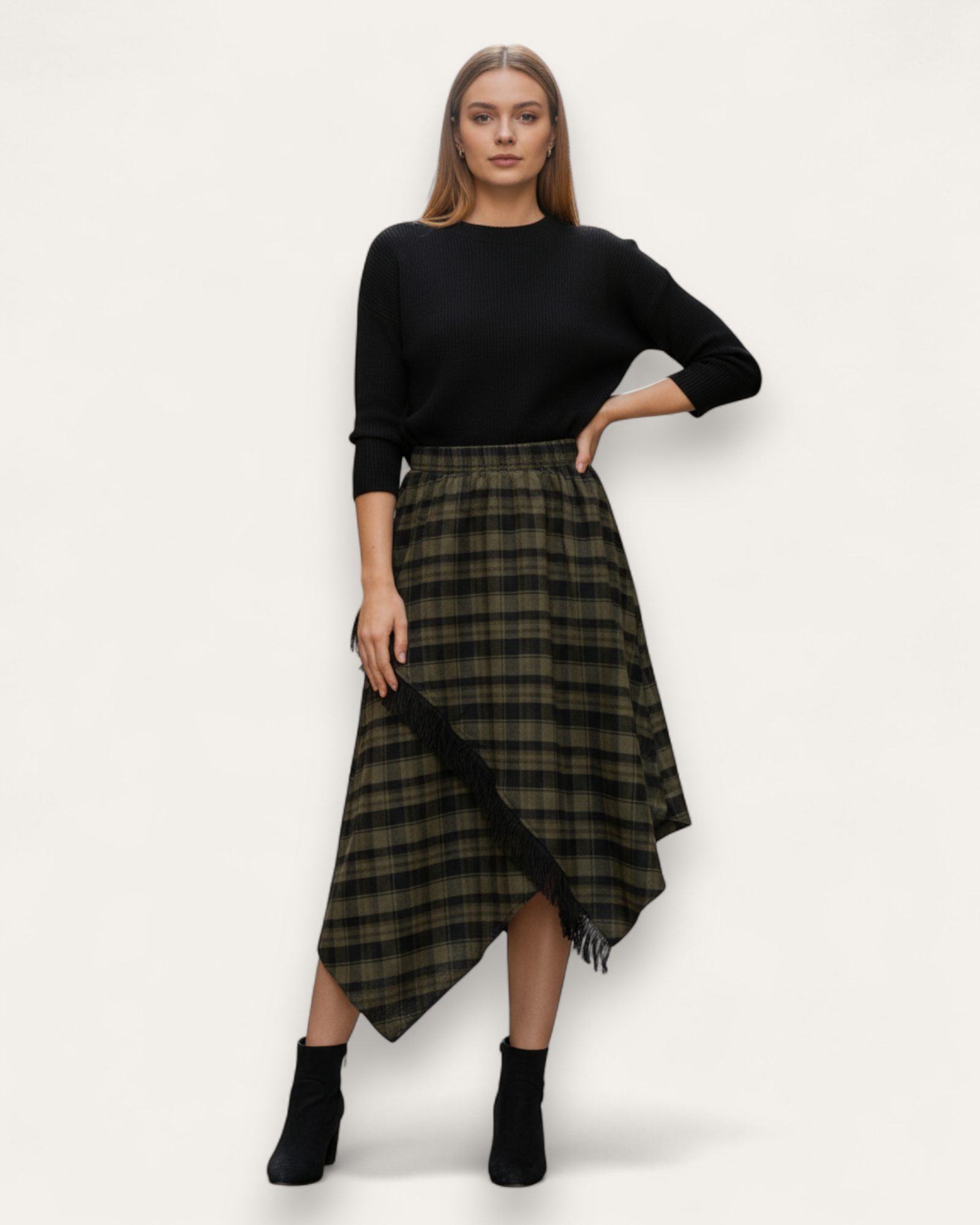Fringe Check Asymmetrical Skirt
