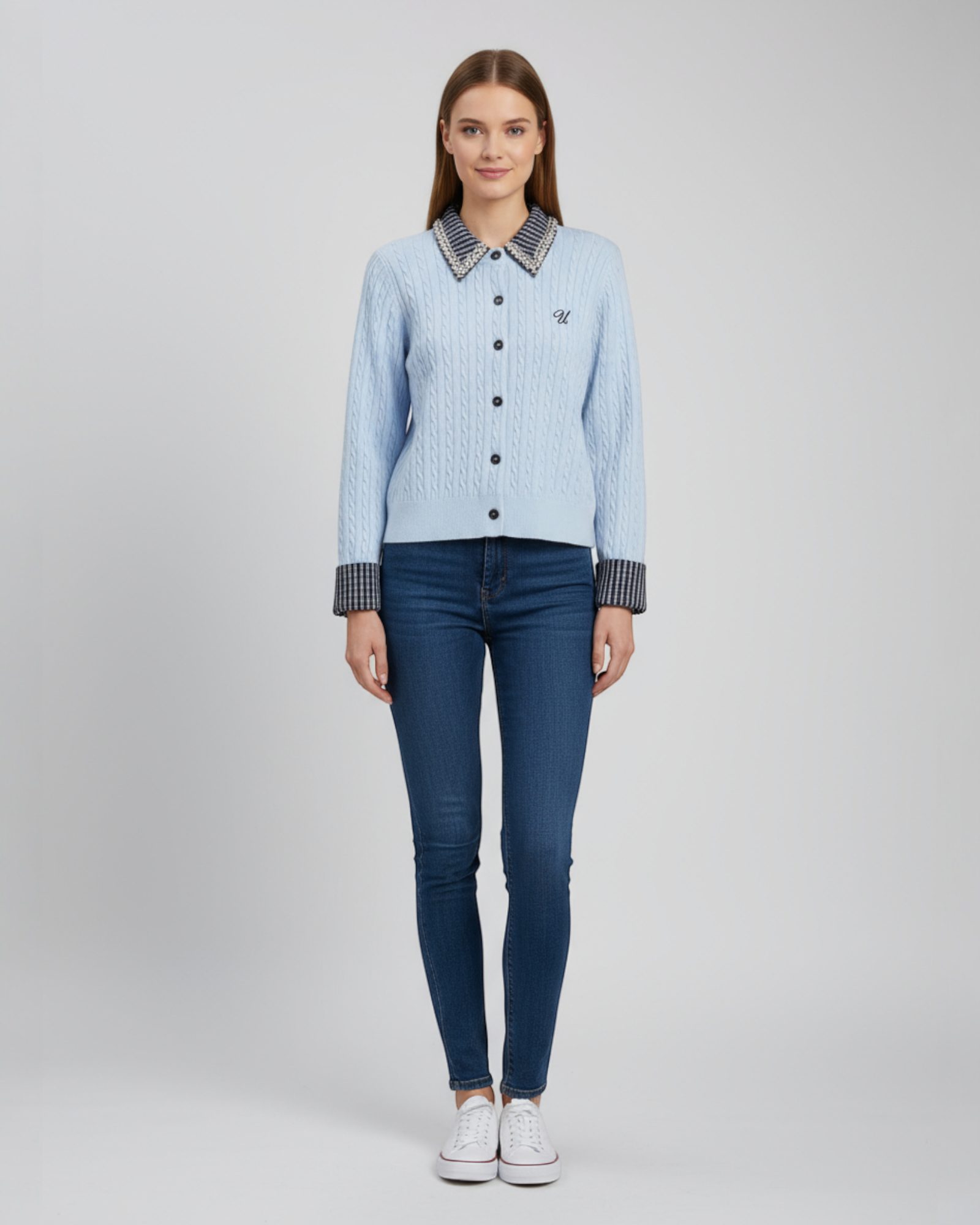 Beaded Collar Cable Knit Cardigan