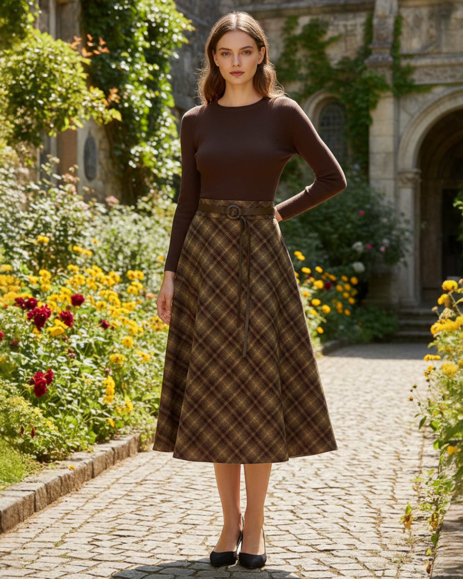 Plaid A-Line Belted Skirt