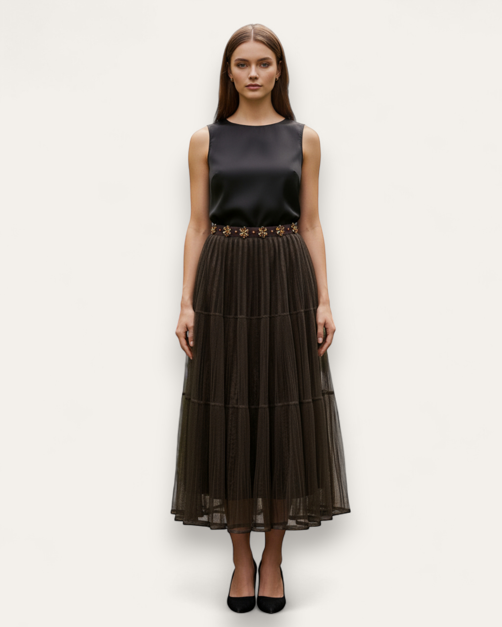 Mesh Tiered Embellished Skirt