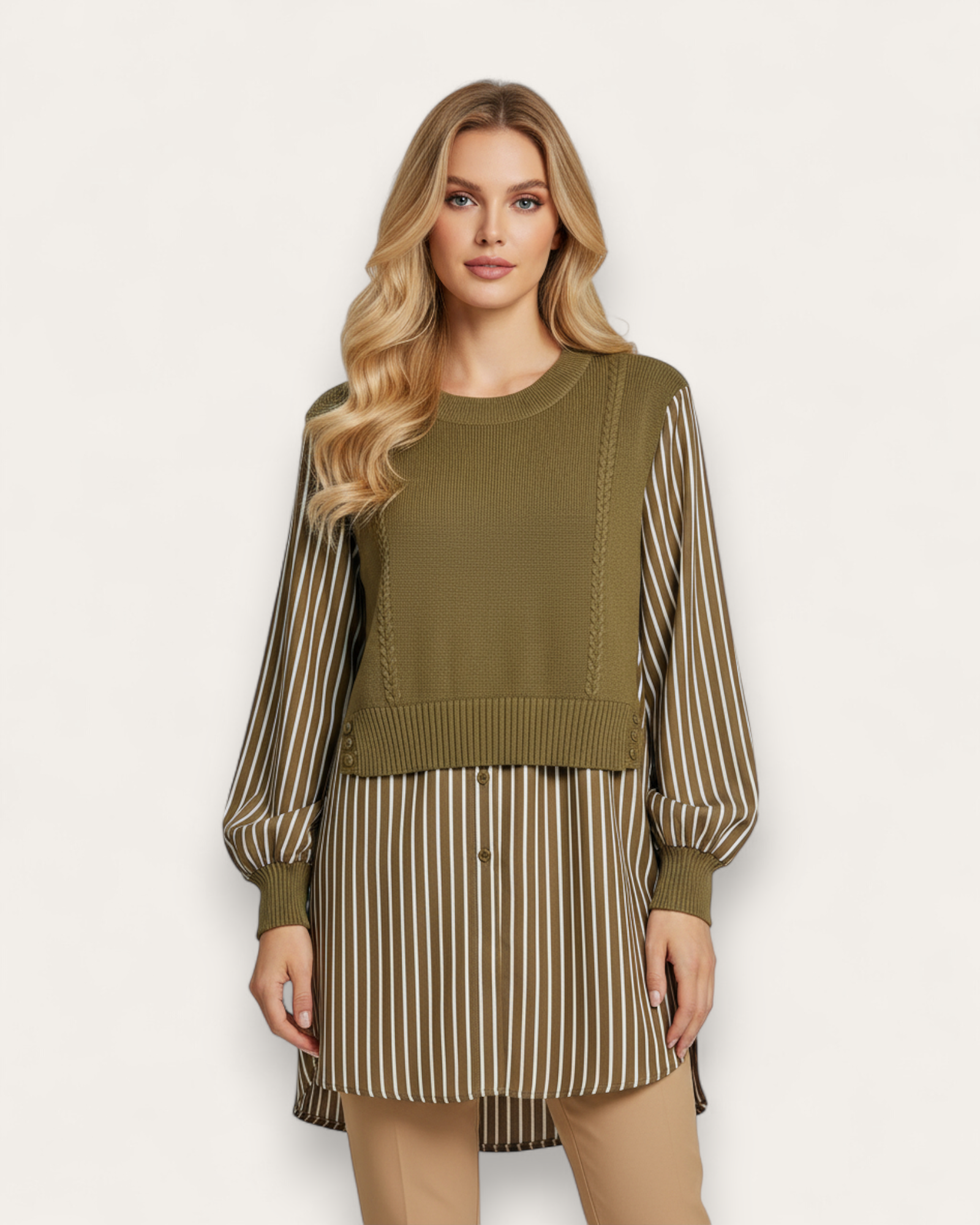 Striped Shirt & Knit Combo Top