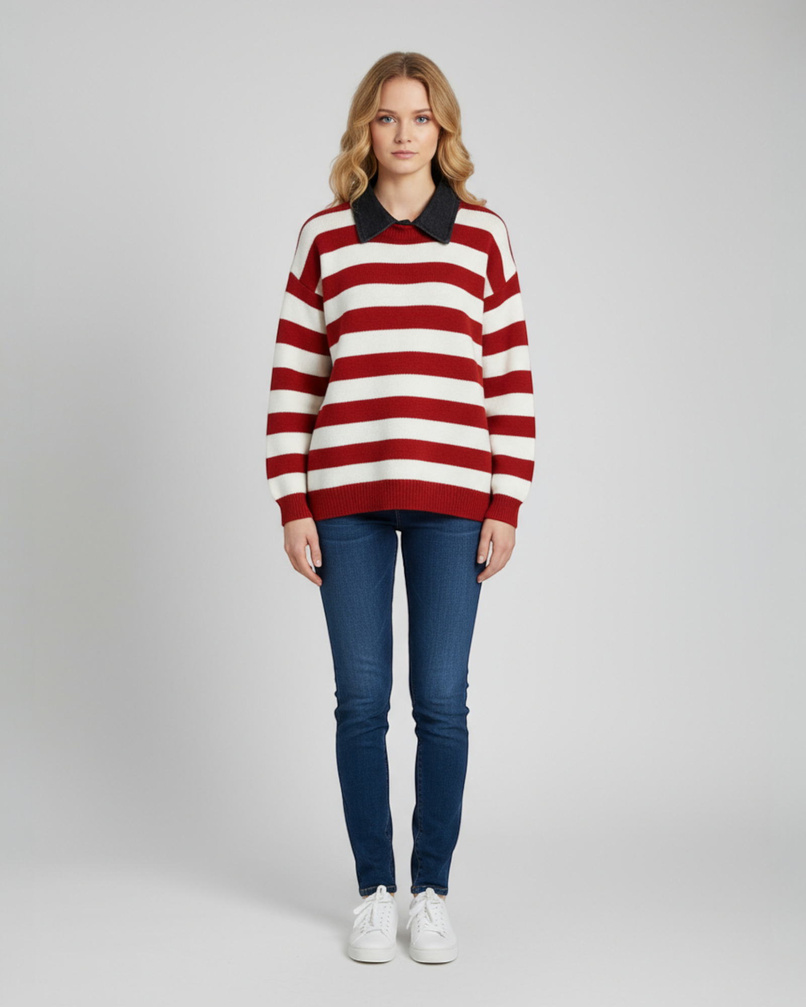 Wide Stripe Knit Polo Sweater