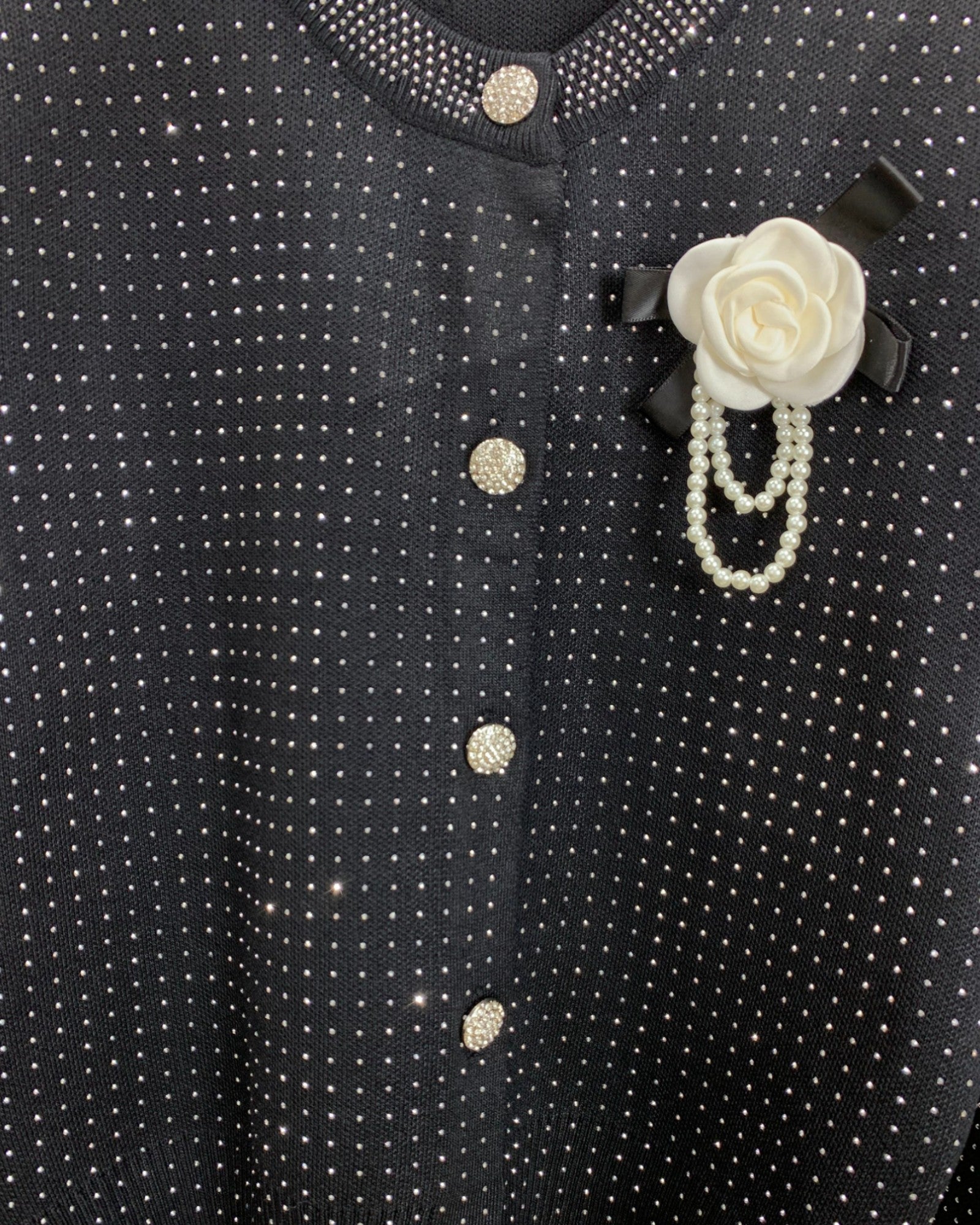 Rhinestone Button Cardigan with Bow and Rose Brooch