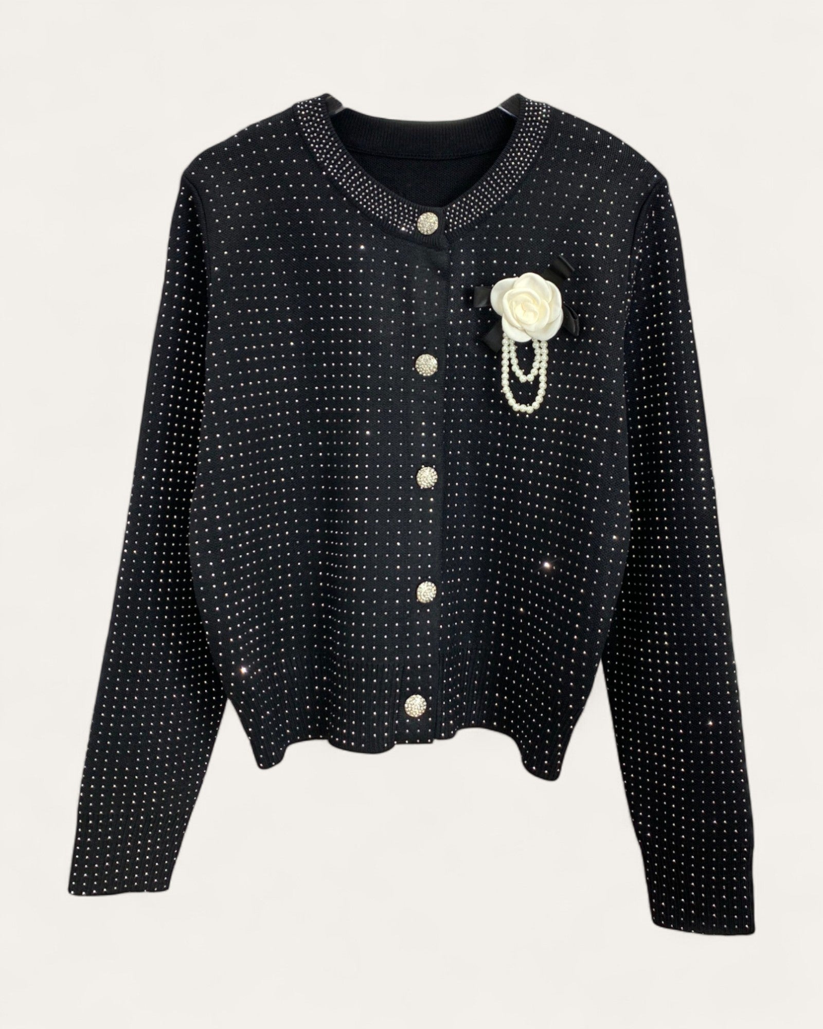 Rhinestone Button Cardigan with Bow and Rose Brooch