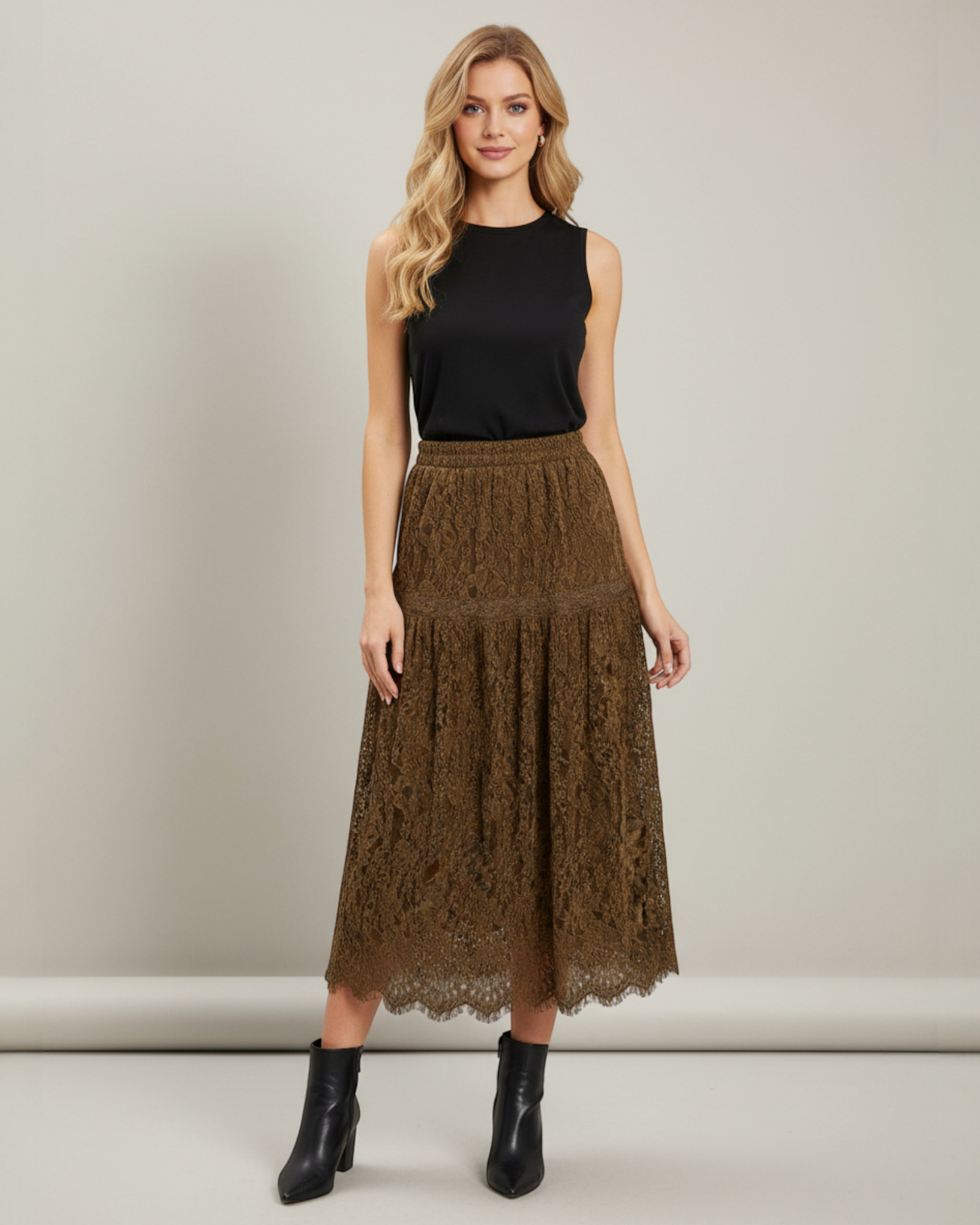 Brown Tiered Lace Skirt