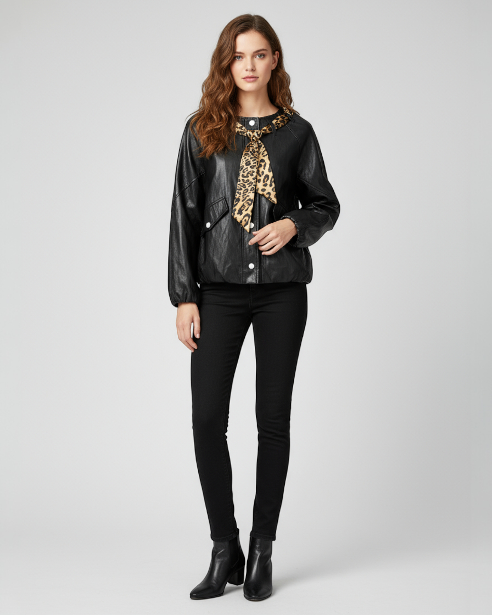 Black Faux Leather Jacket with Leopard Tie