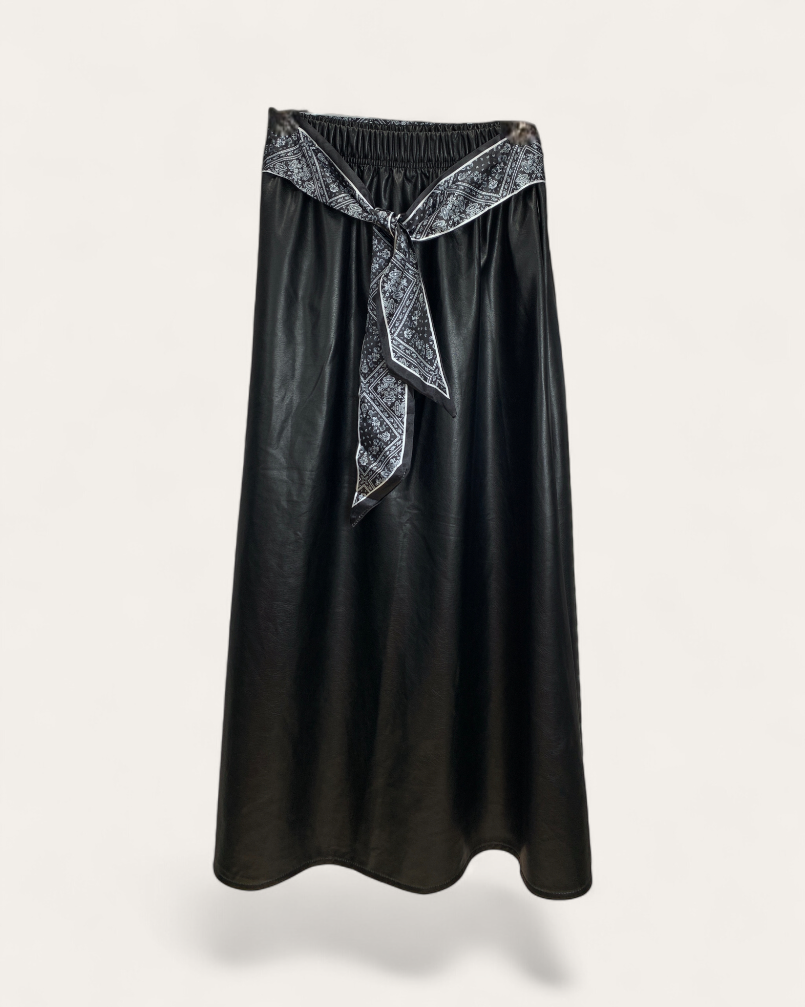 Scarf-Tie Faux Leather A-Line Midi Skirt