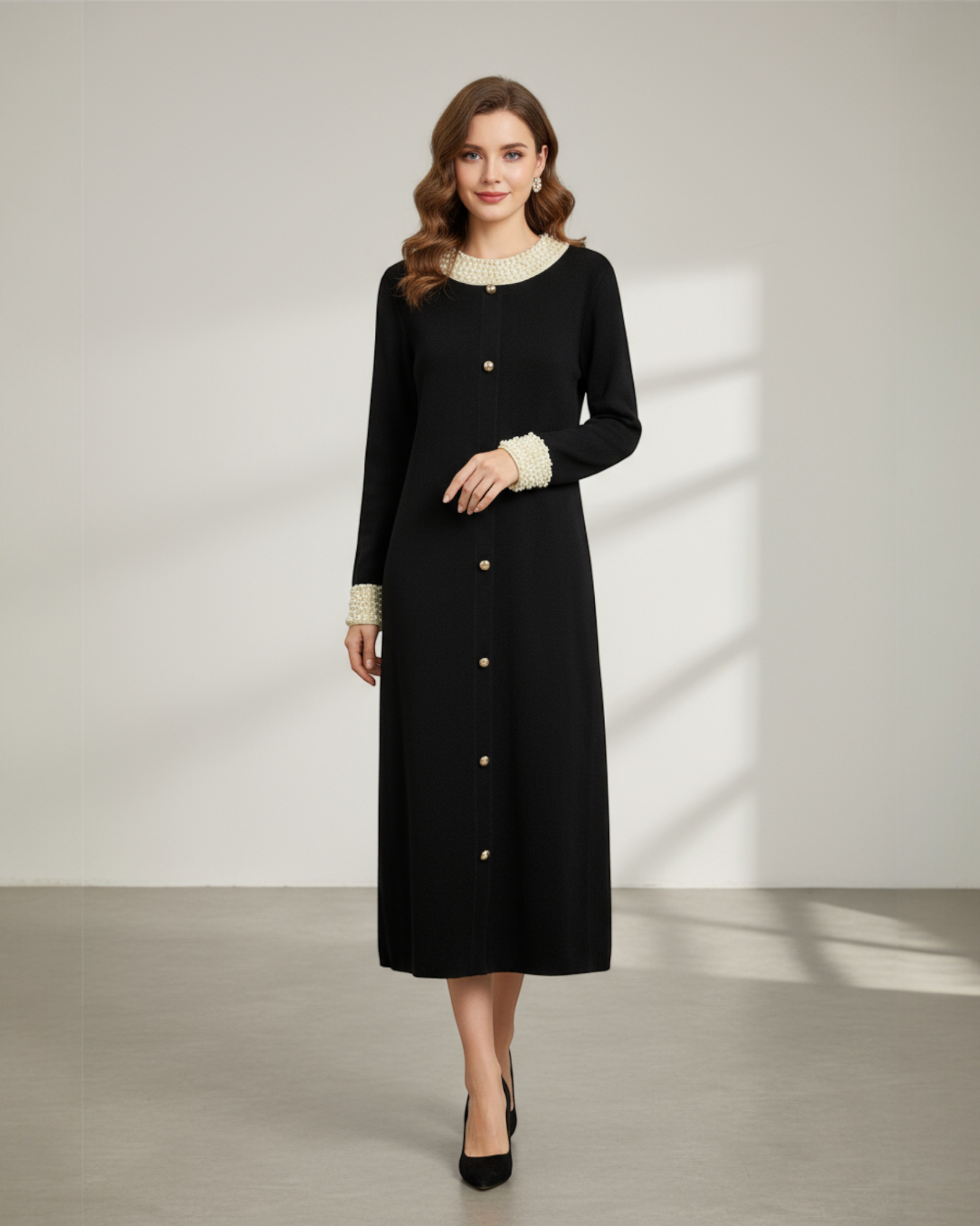 Pearl Trim Knit Button Dress