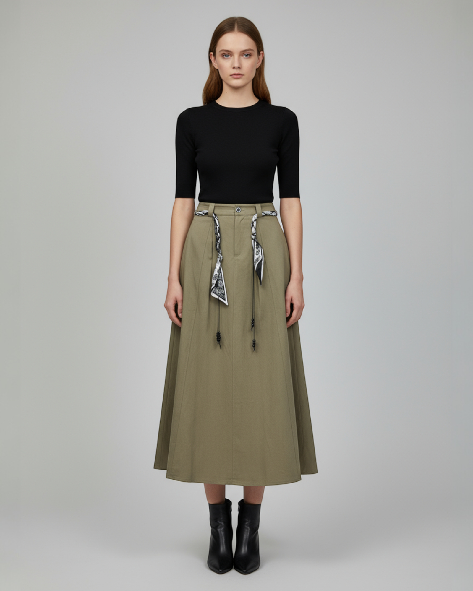 Structured Wide-Leg Pants with Printed Scarf Belt