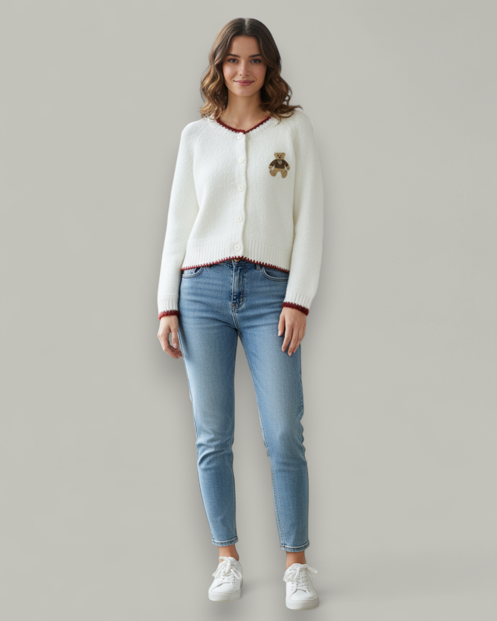 Teddy Embroidery Button Cardigan