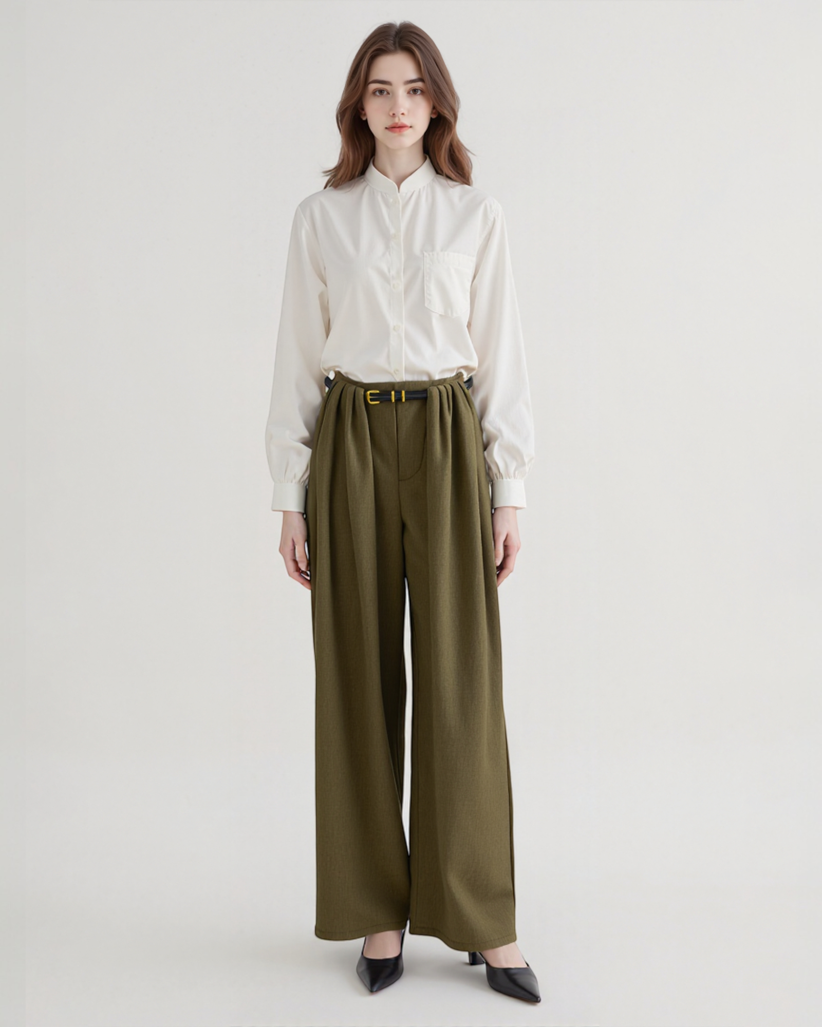Pleated Wide-Leg Trousers with Belt