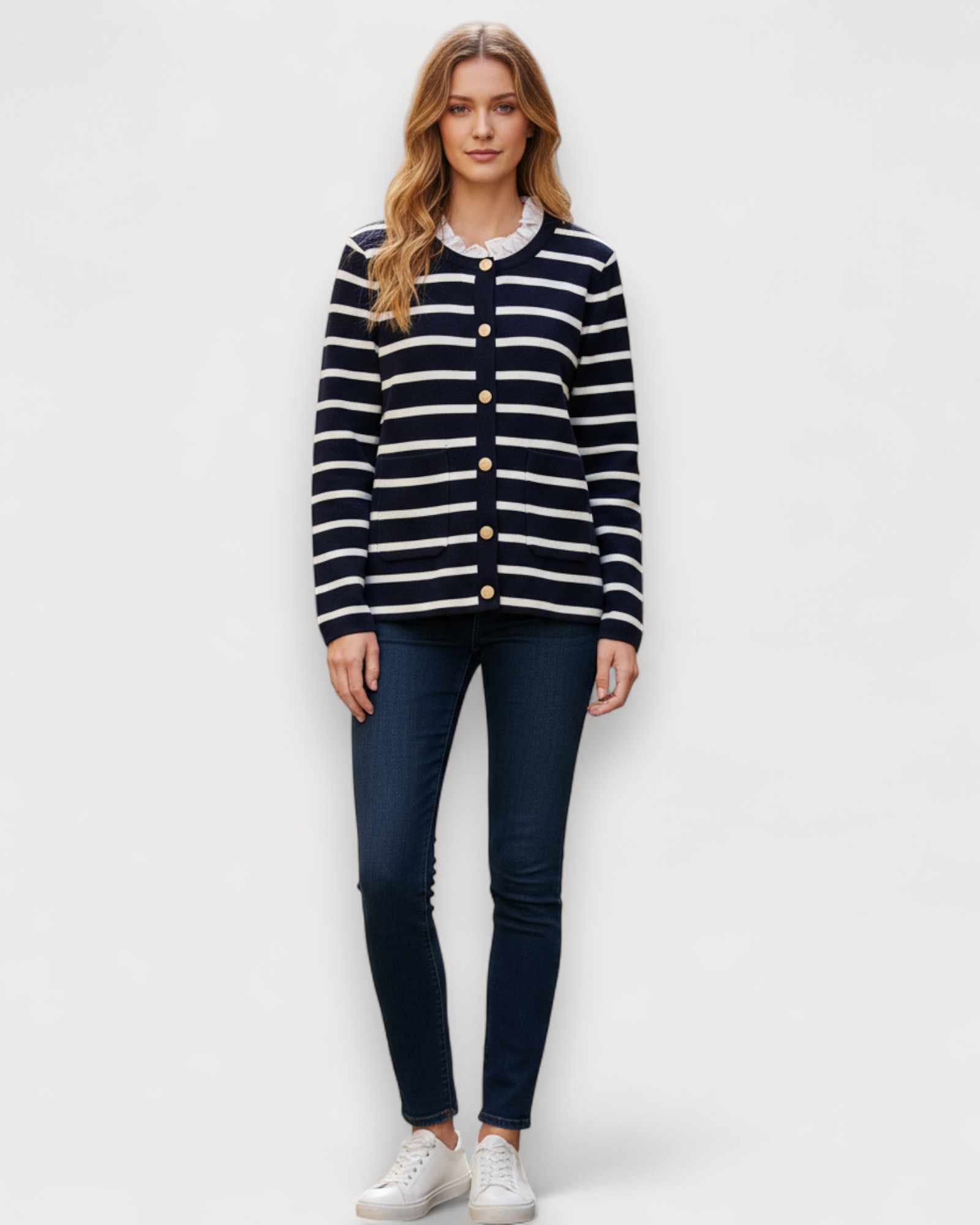 Striped Knit Cardigan with Ruffle Collar Insert