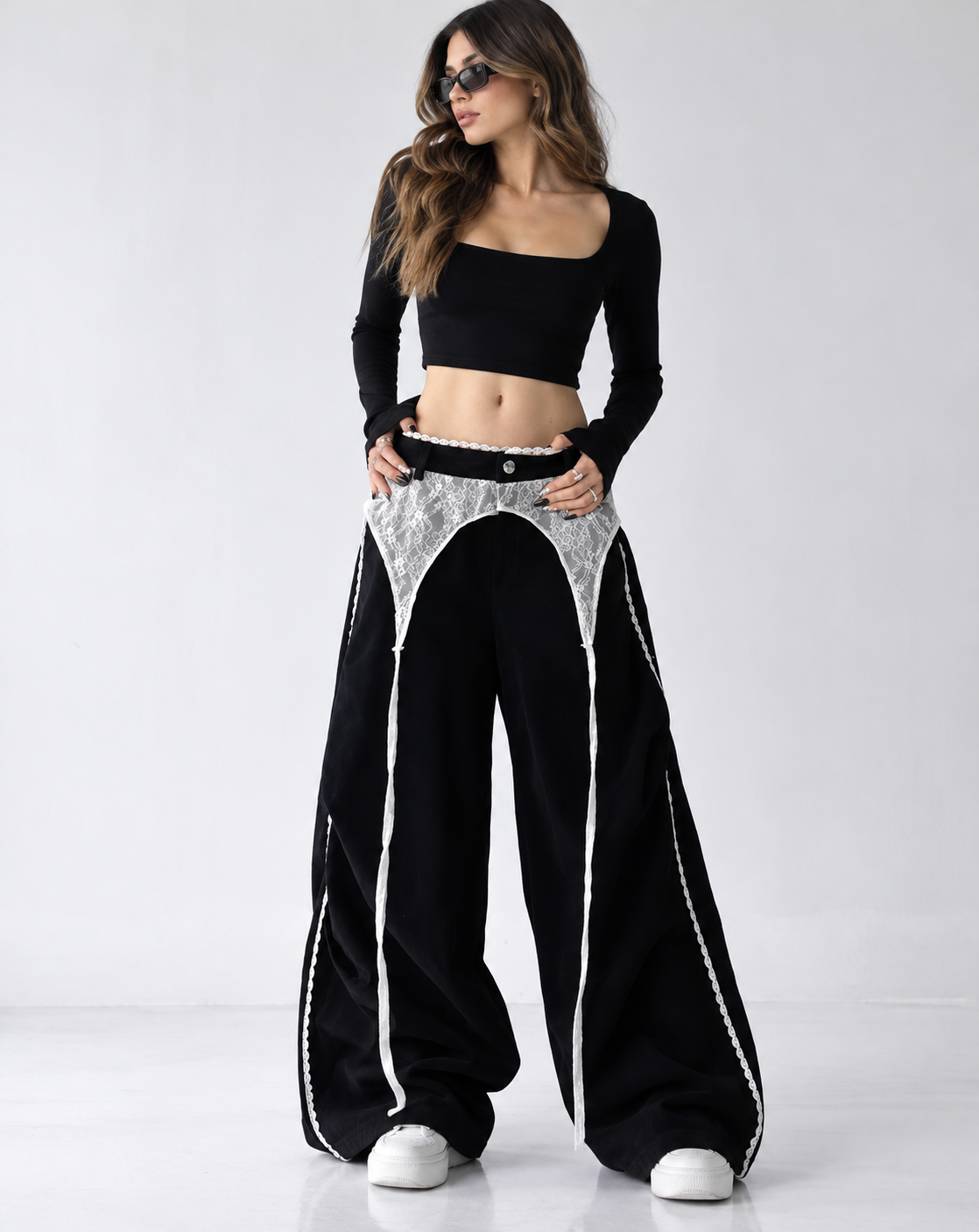 Lace Overlay Wide-Leg Track Pants